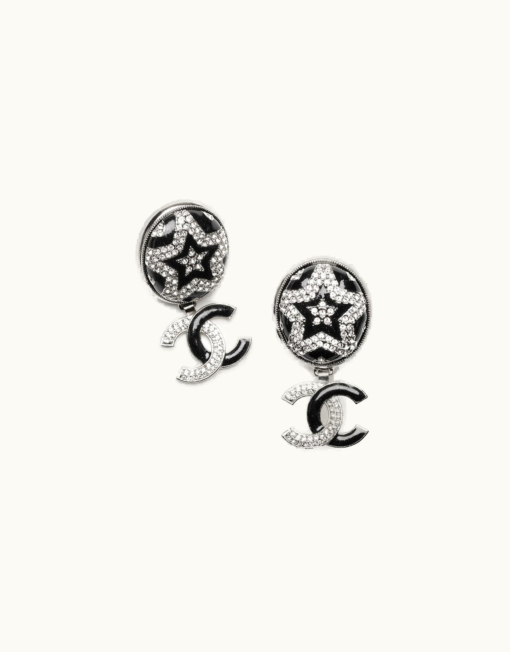 Chanel Chanel Pendant Earrings - Metal, Resin & Strass, Silver, Black & Crystal