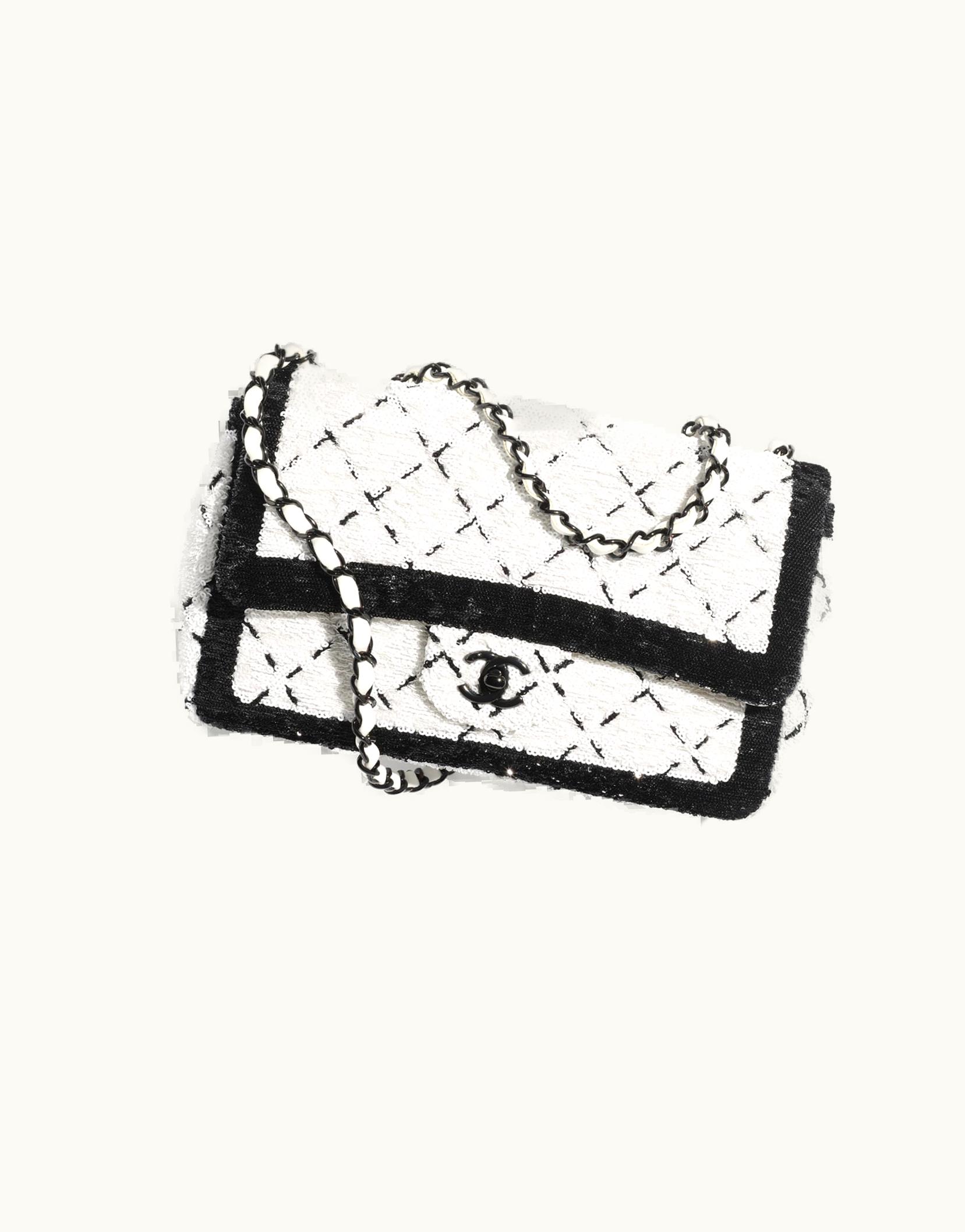 Chanel Chanel Large Flap Bag, Sequins & Black Metal, White & Black