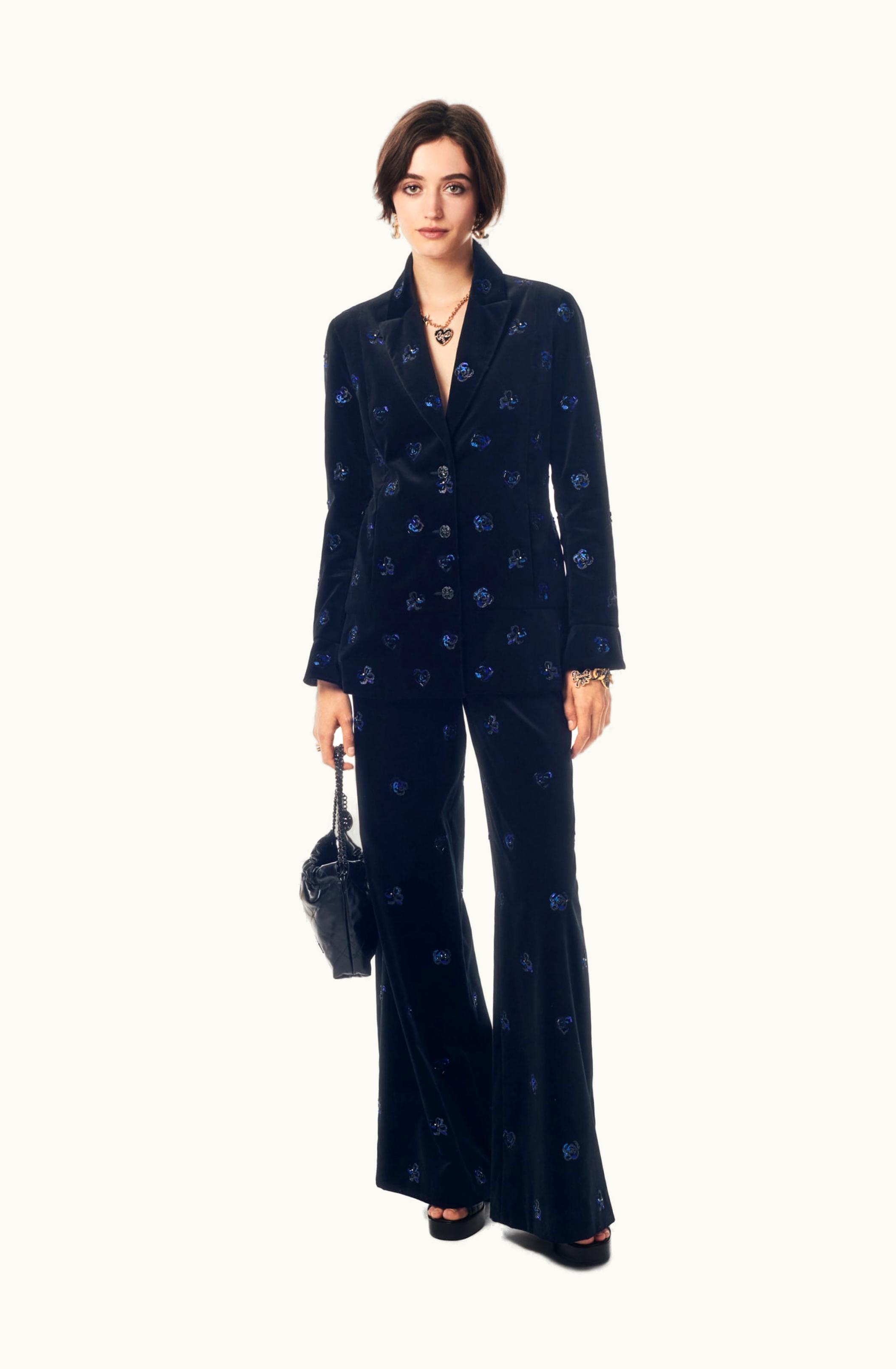 Chanel Chanel Pants - Embroidered Stretch Cotton Velvet, Black & Blue