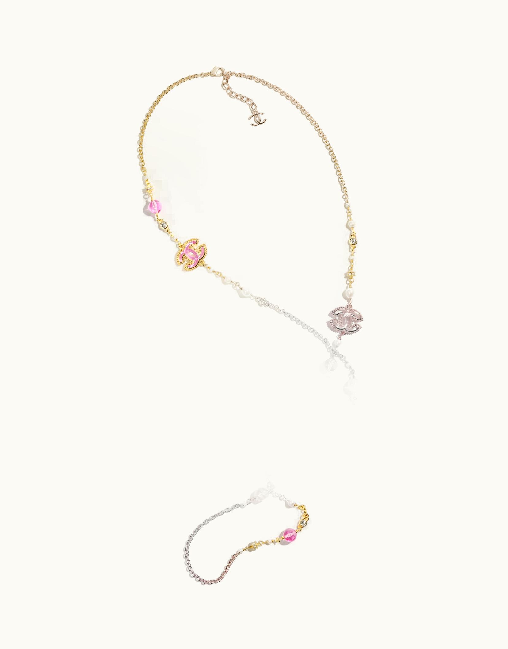 Chanel Chanel Long Necklace - Metal, Resin, Glass Pearls & Strass, Gold, Pink, Pearly White & Crystal