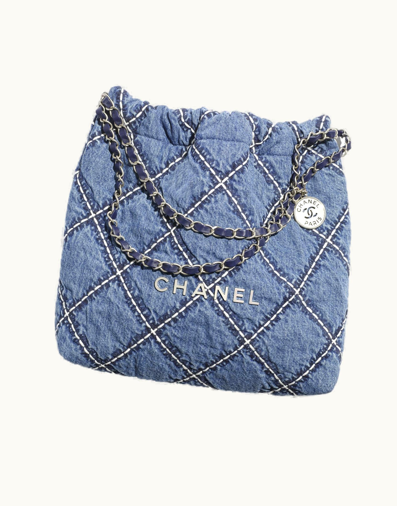 Chanel Chanel 22 Small Handbag, Stitched Denim & Silver-Tone Metal, Blue