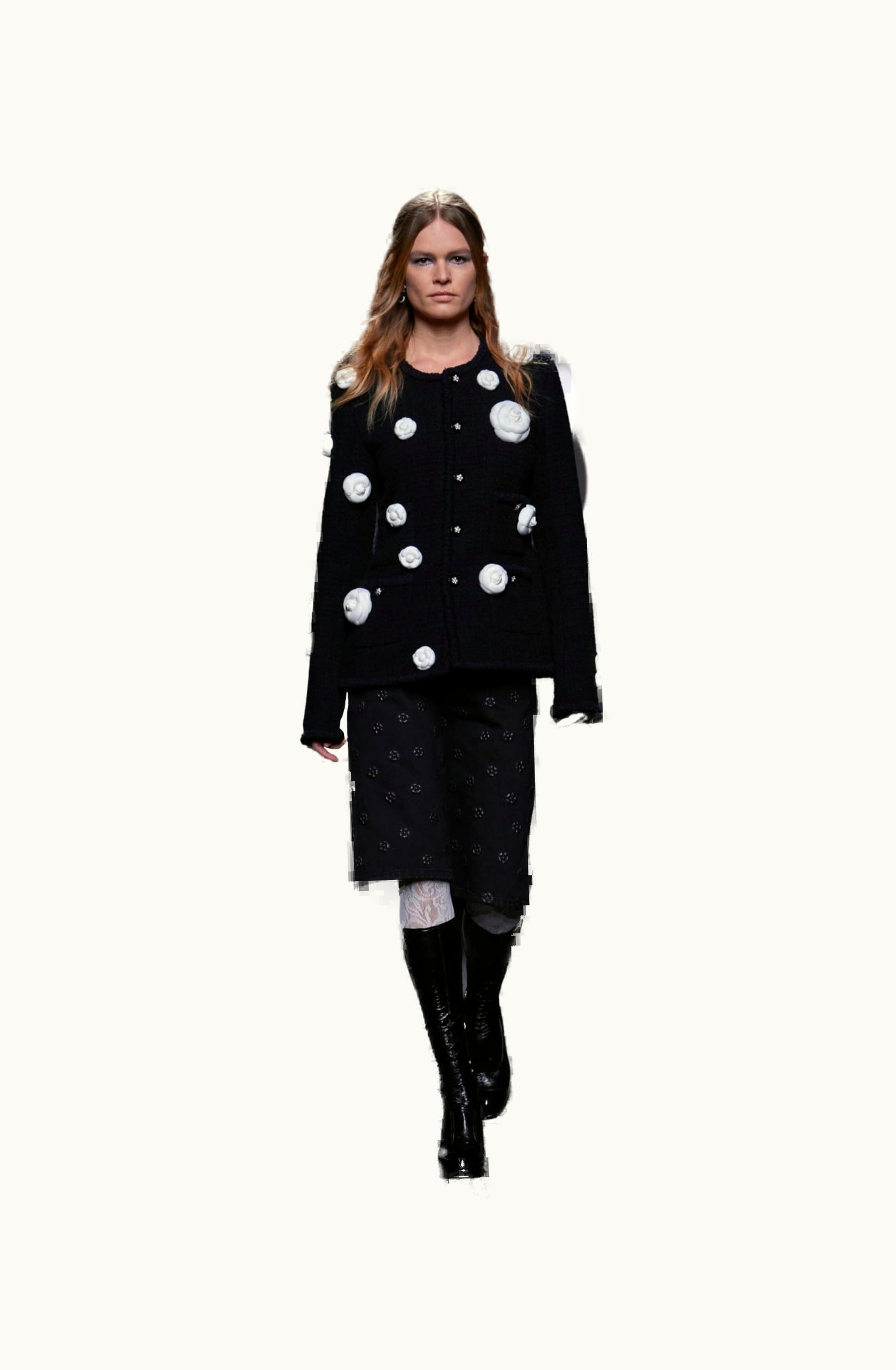 Chanel Chanel Jacket - Wool And Cashmere Tweed & Camellias, Black, Navy Blue & White