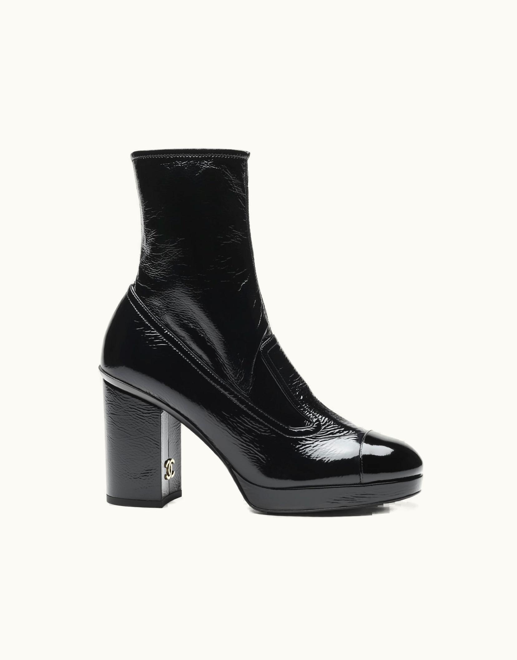 Chanel Short Boots - Crumpled Shiny Fabric & Patent Calfskin, Black