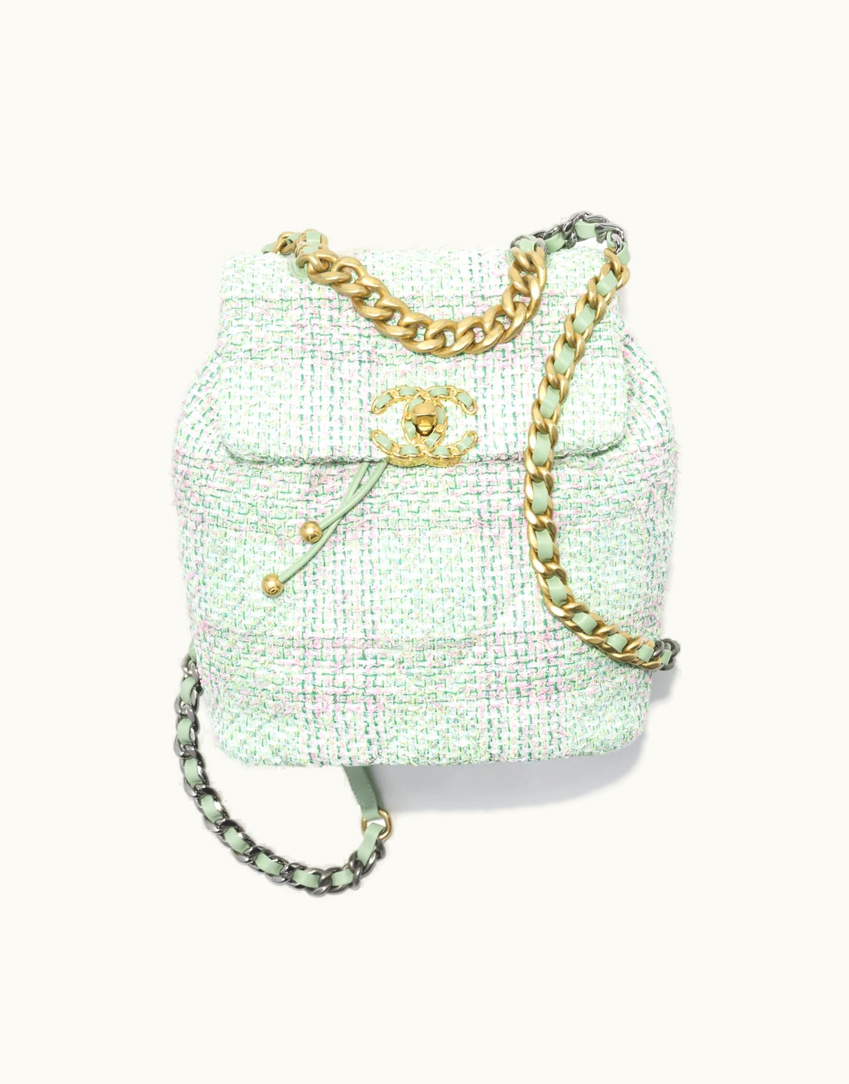 Chanel 19 Backpack, Tweed, Gold-Tone, Silver-Tone & ruthenium-finish Metal, Green, Pink & Turquoise