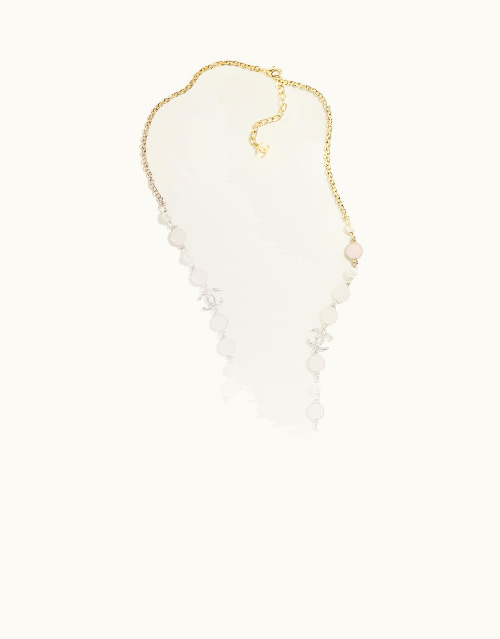 Chanel Chanel Long Necklace - Metal & Glass Pearls, Gold, Pink & Pearly White