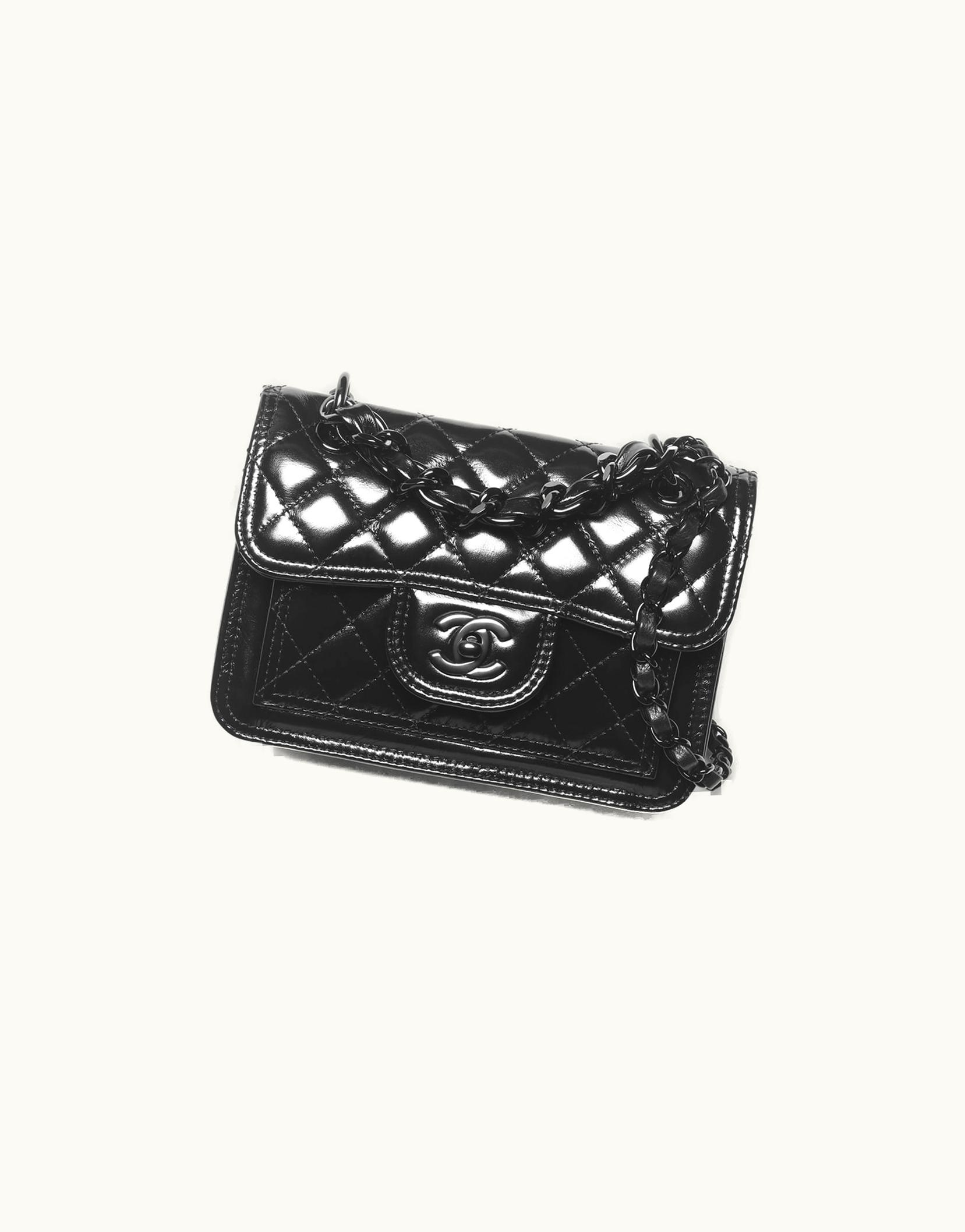 Chanel Chanel Mini Flap Bag, Shiny Crumpled Calfskin & Black Metal, Black