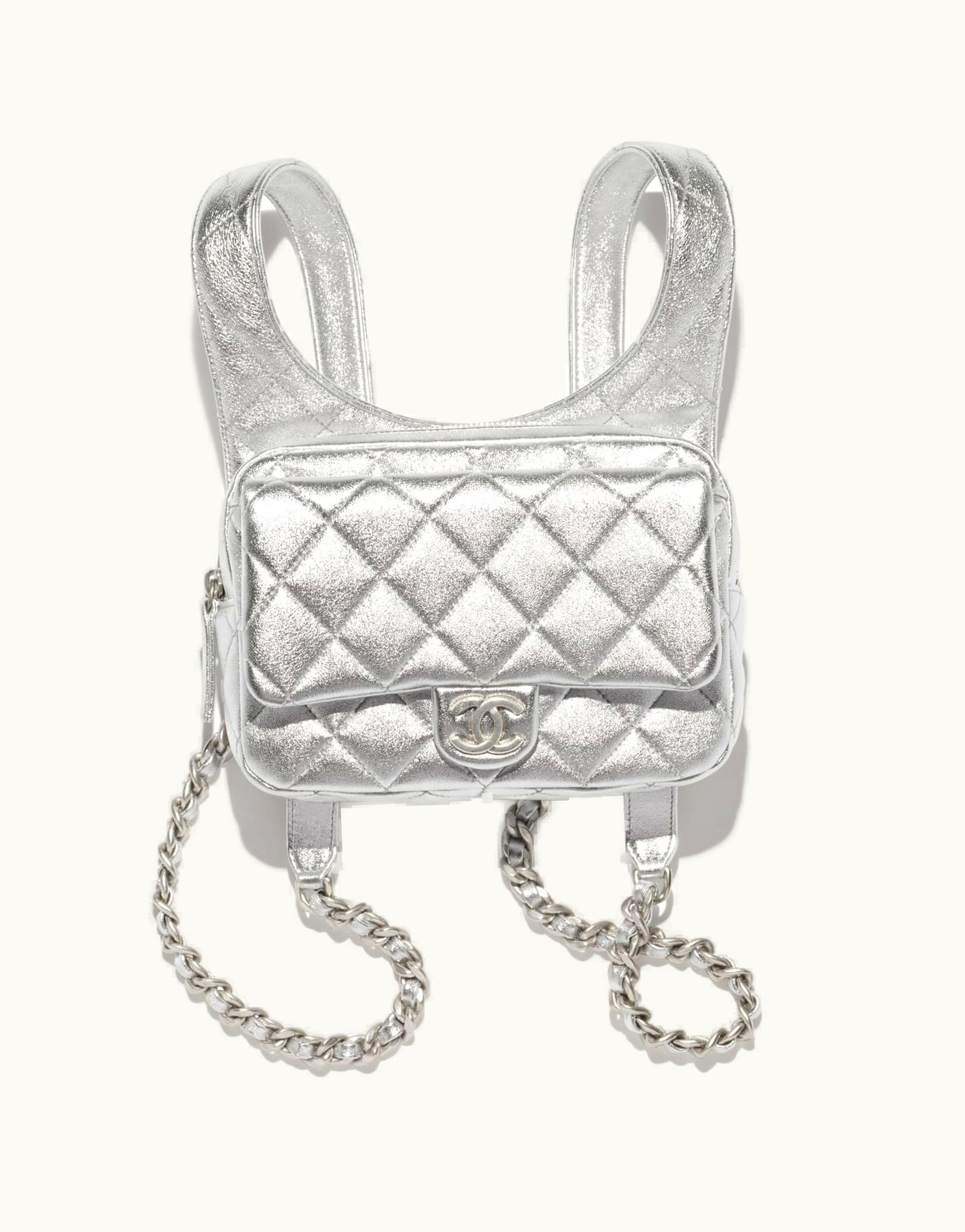 Chanel Chanel Backpack, Metallic Lambskin & Silver-Tone Metal, Silver