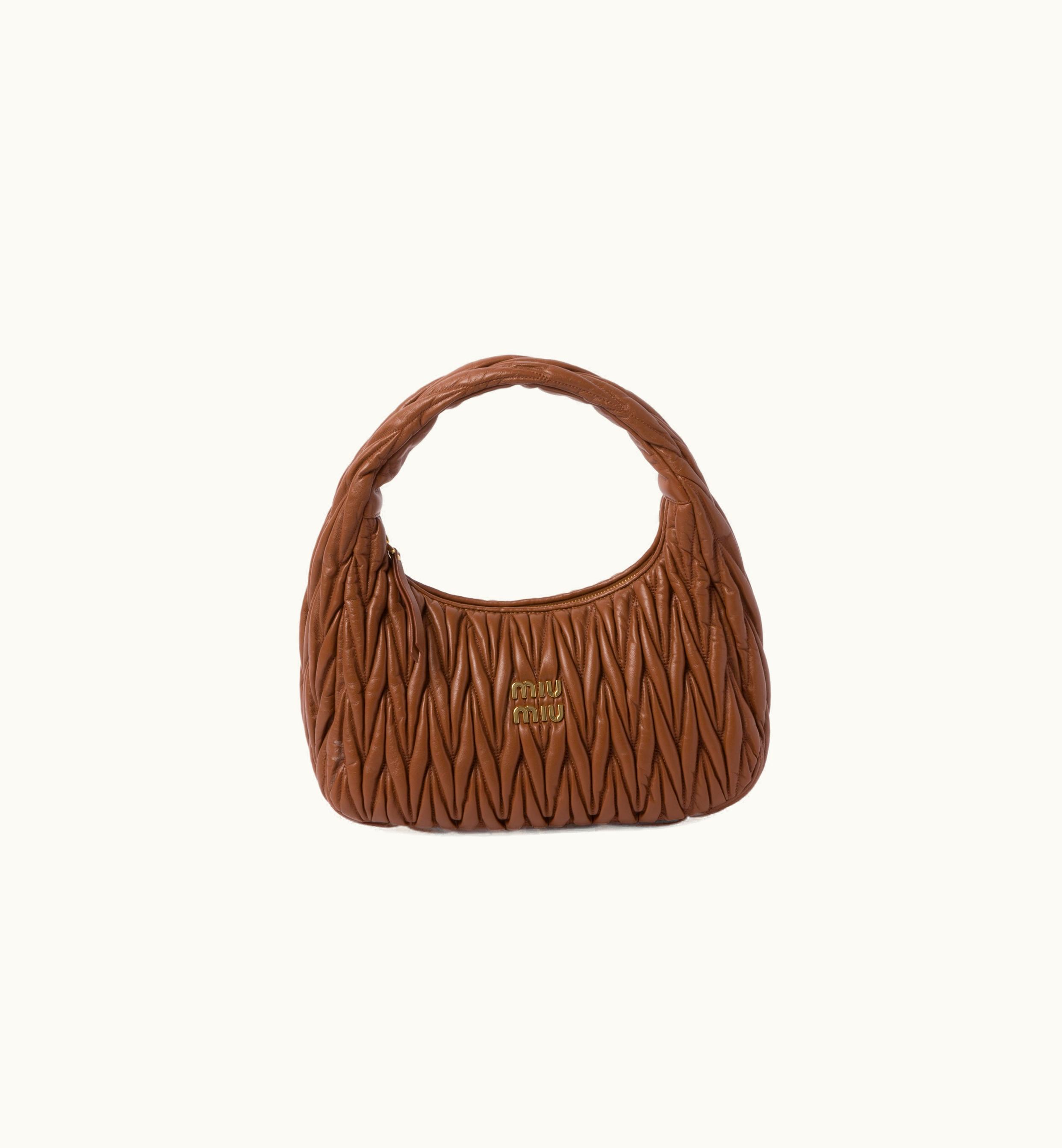 Miu Miu Miu Miu Wander Matelassé Nappa Leather Hobo Bag Cognac