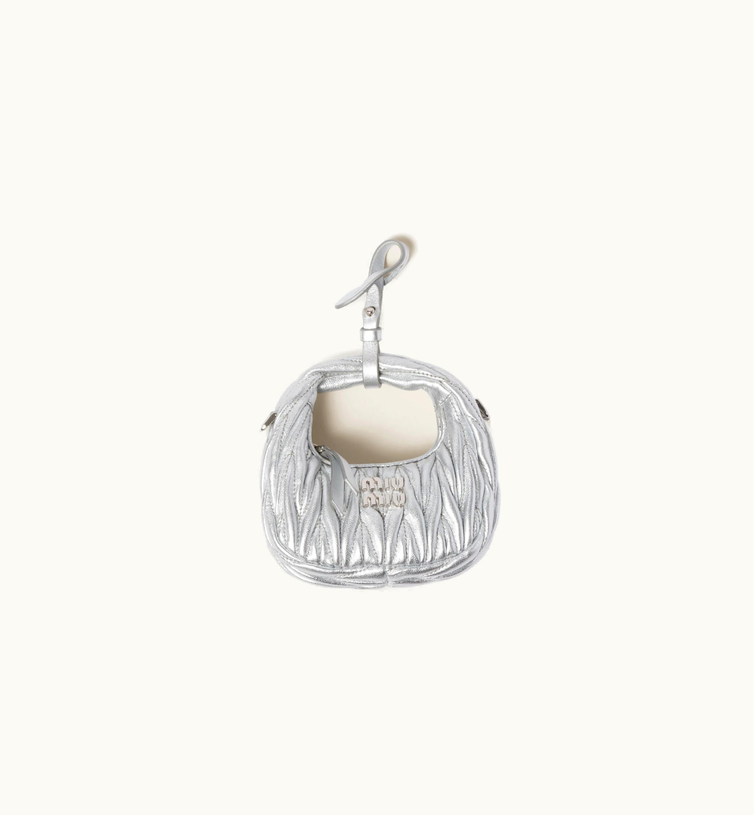 Miu Miu Miu Miu Wander Matelassé Nappa Leather Micro Hobo Bag Silver