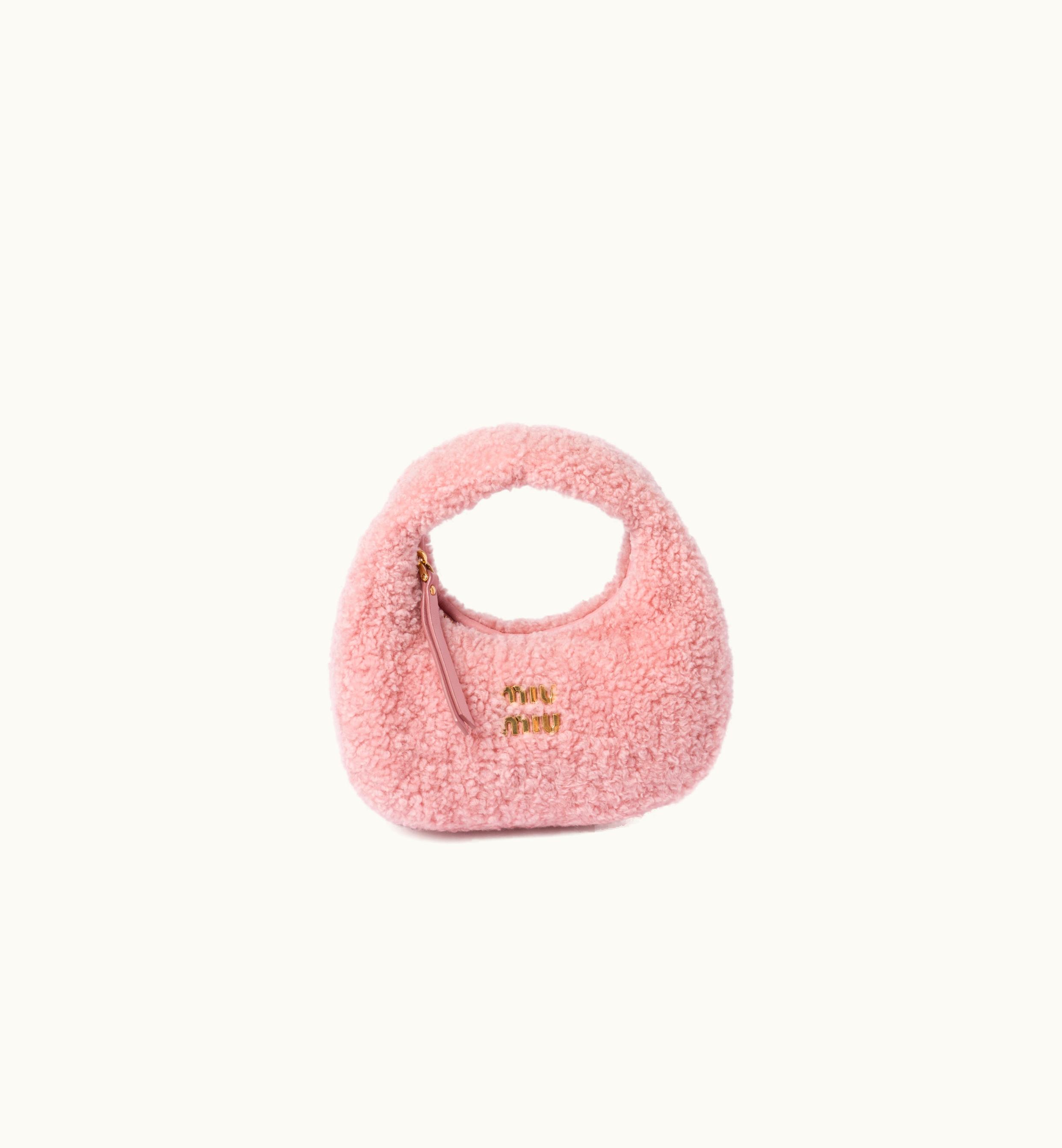 Miu Miu Miu Miu Wander Shearling Hobo Bag With Leather Details Pink