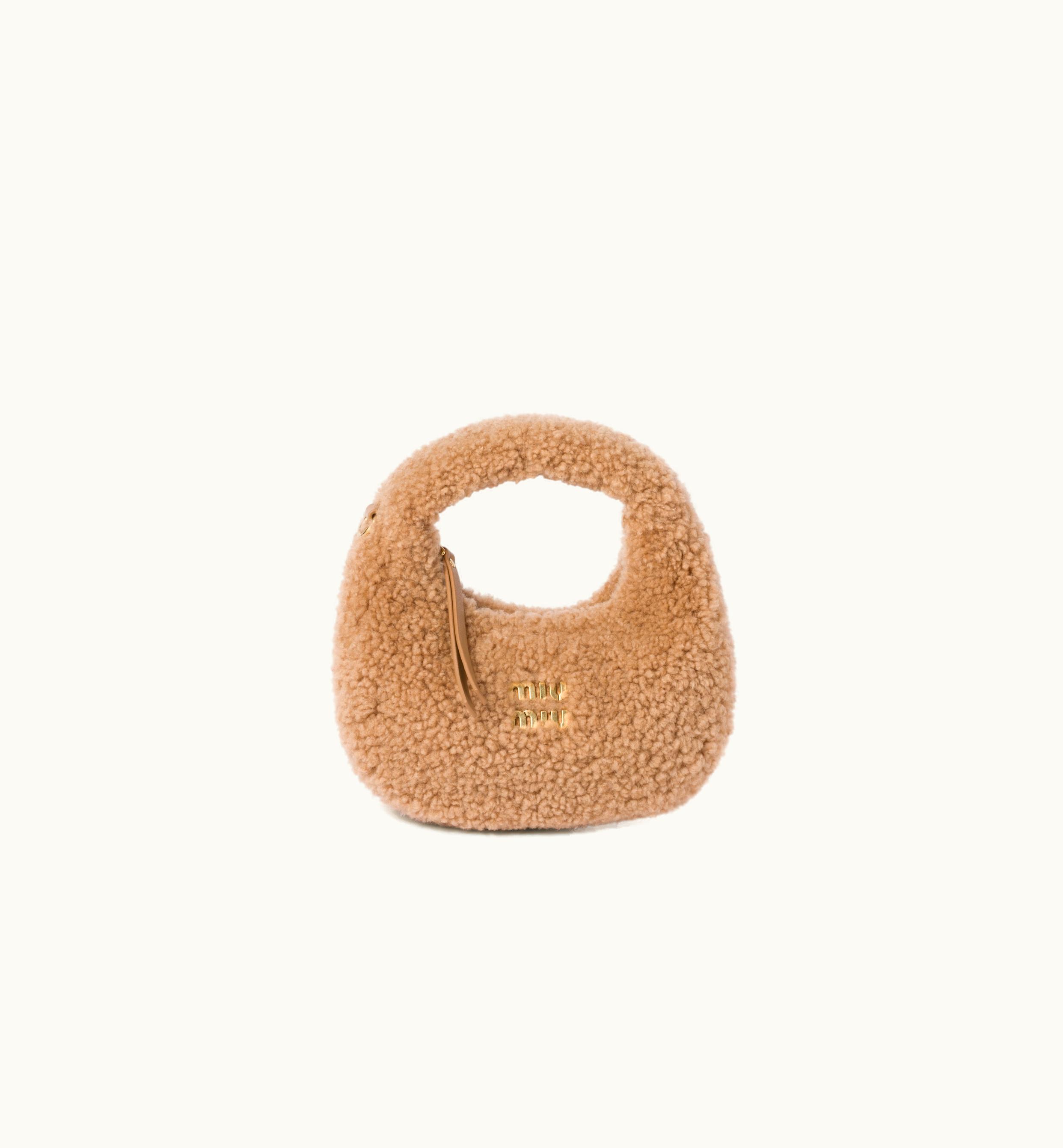 Miu Miu Miu Miu Wander Shearling Hobo Bag With Leather Details Caramel