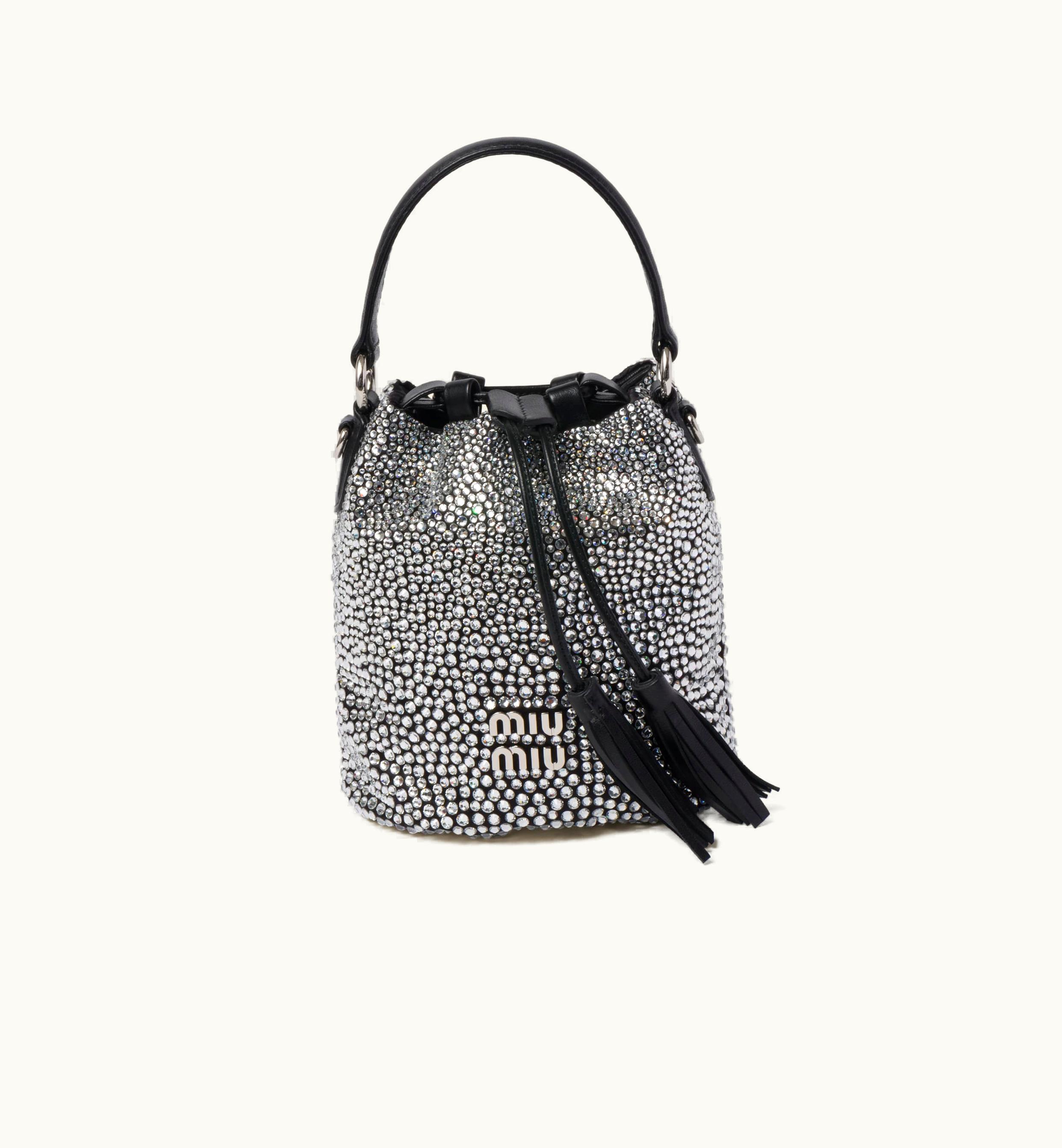 Miu Miu Miu Miu Satin Bucket Bag With Synthetic Crystals Black