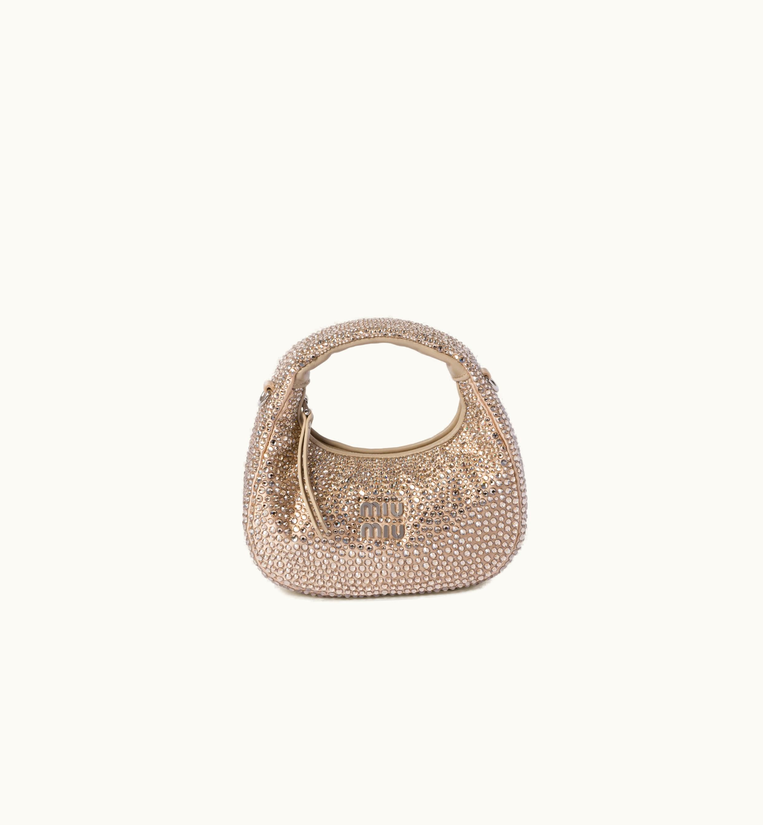 Miu Miu Miu Miu Wander Satin And Silk Mini Hobo Bag With Synthetic Crystals Sand Beige