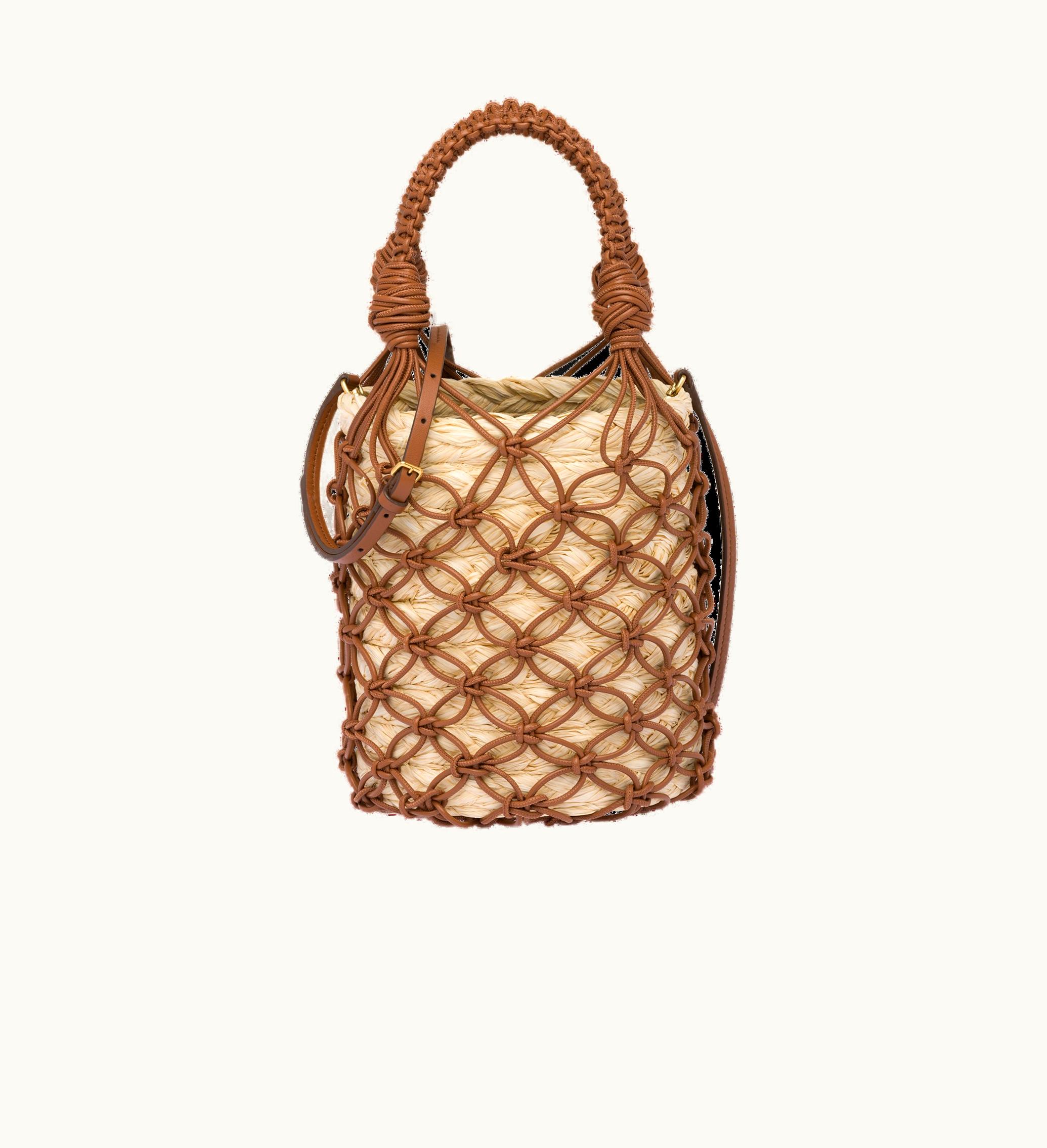Miu Miu Miu Miu Leather Mesh And Straw Bucket Bag Beige / Cognac