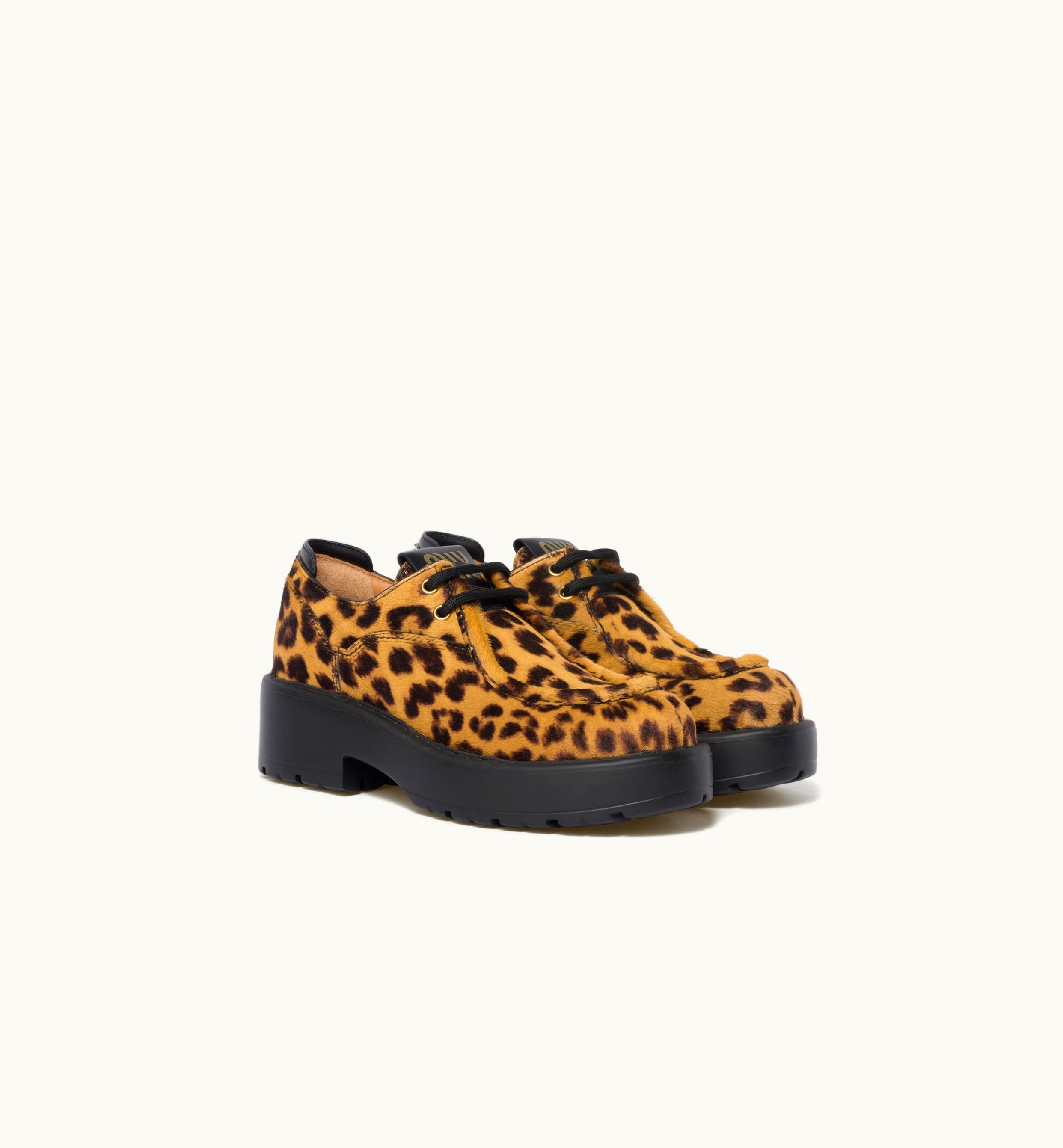 Miu Miu Miu Miu Leopard-print Calf Hair Leather lace-up Shoes Honey