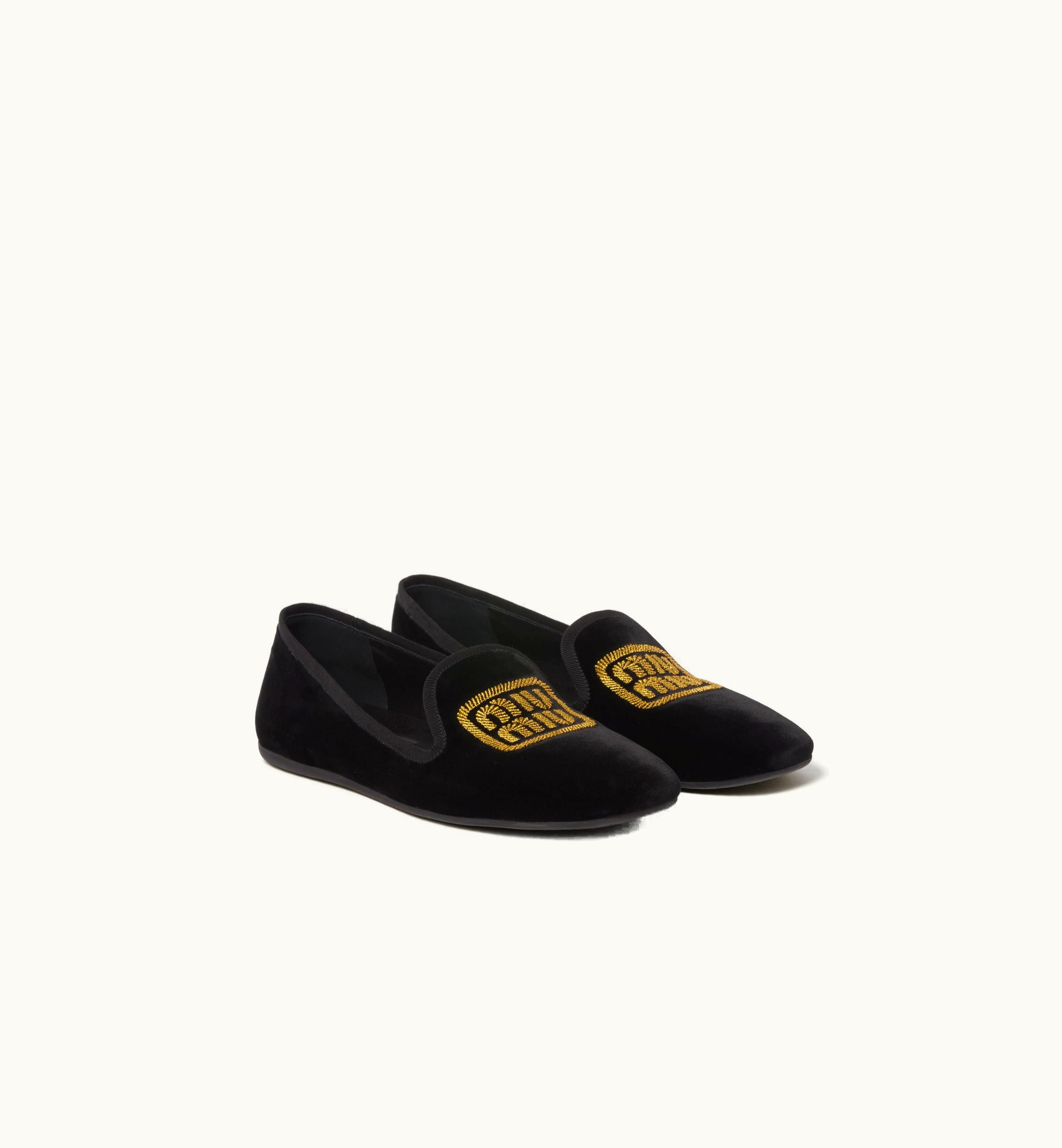 Miu Miu Miu Miu Velvet Slippers Black Luxury Embroidered Logo Loafers