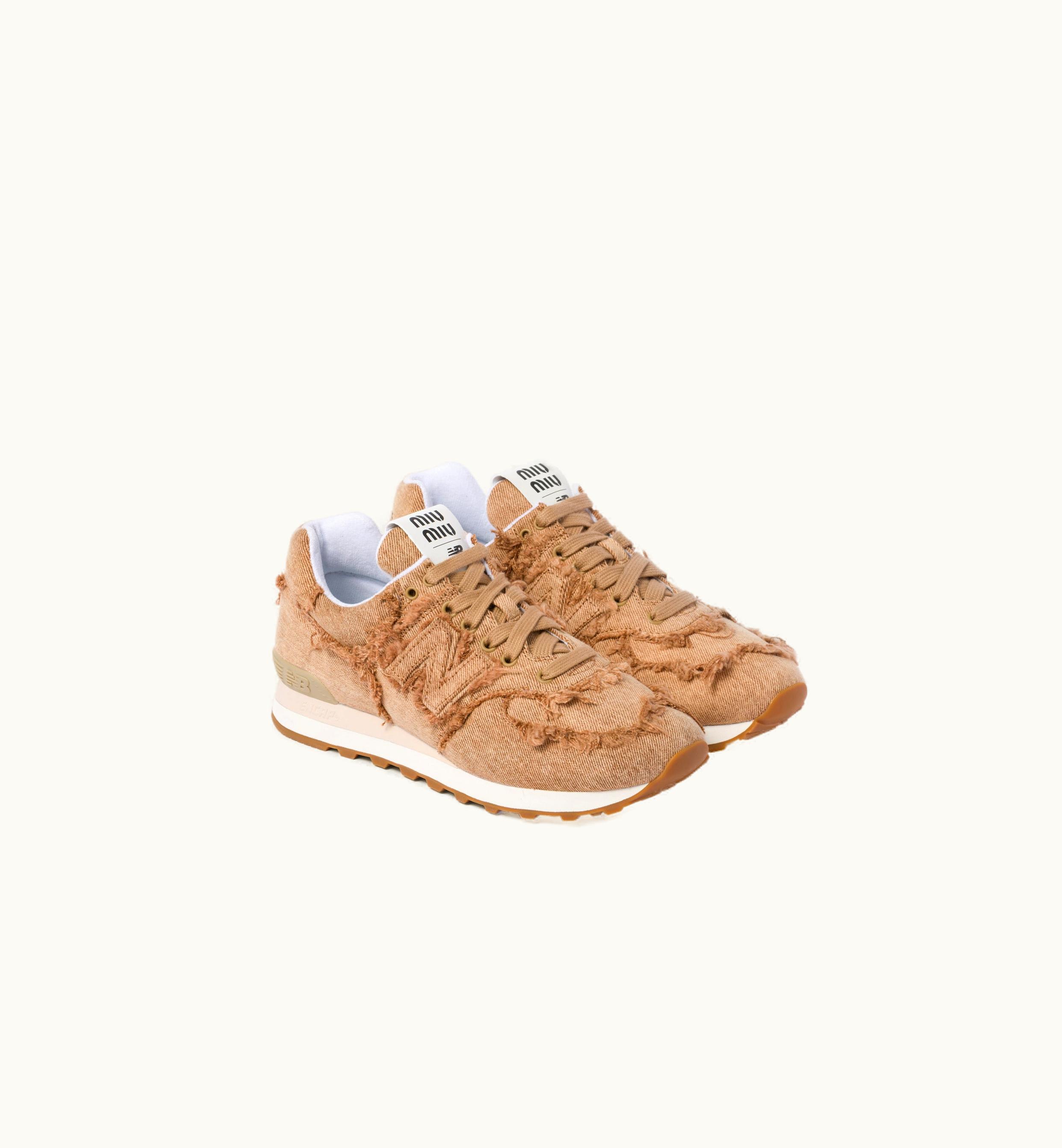 Miu Miu New Balance 574 X Miu Miu Marbleized Denim Sneakers Cognac