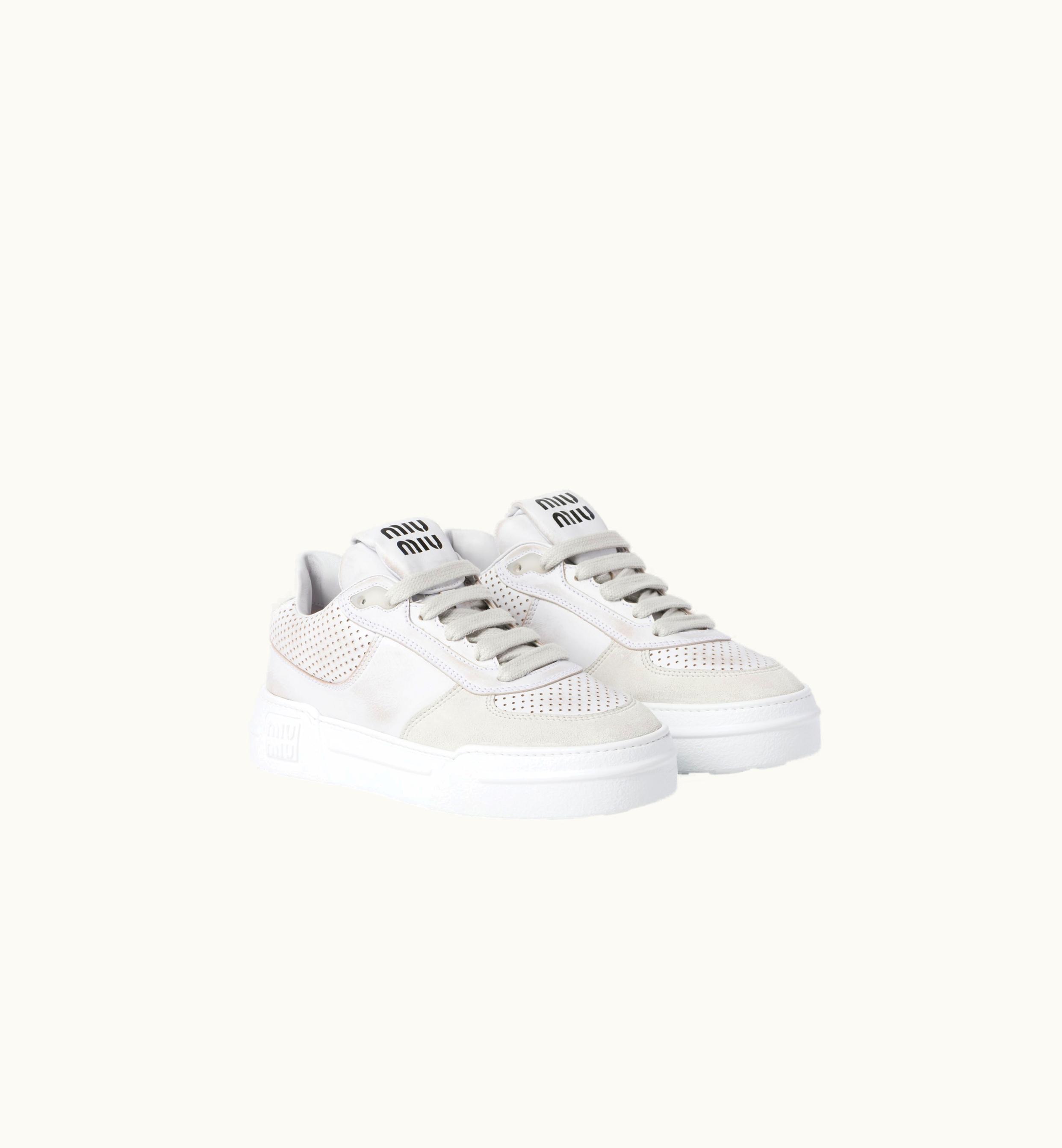 Miu Miu Miu Miu Bleached Leather And Suede Sneakers White
