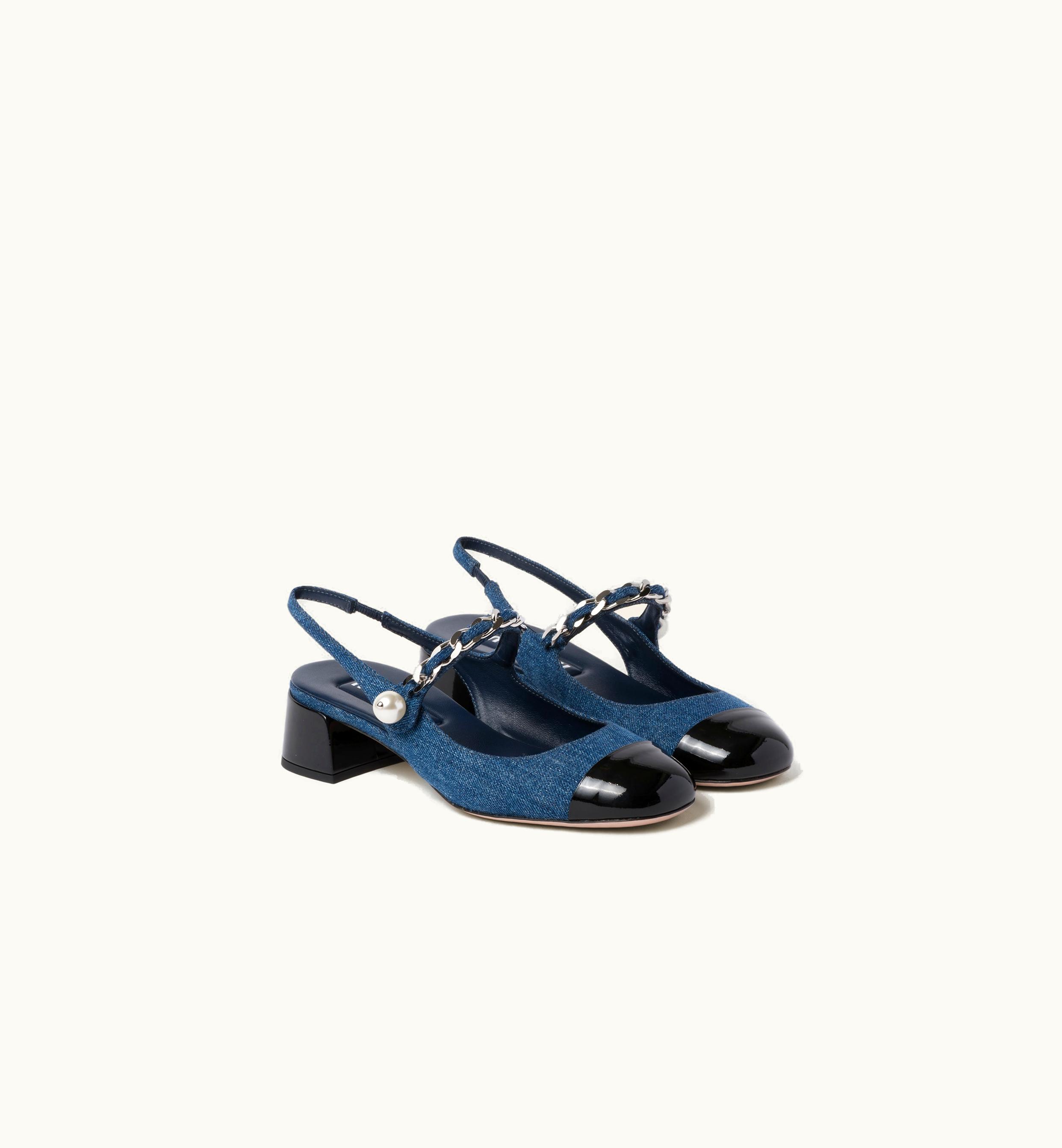 Miu Miu Miu Miu Denim And Patent Leather Slingback Pumps Denim / Black