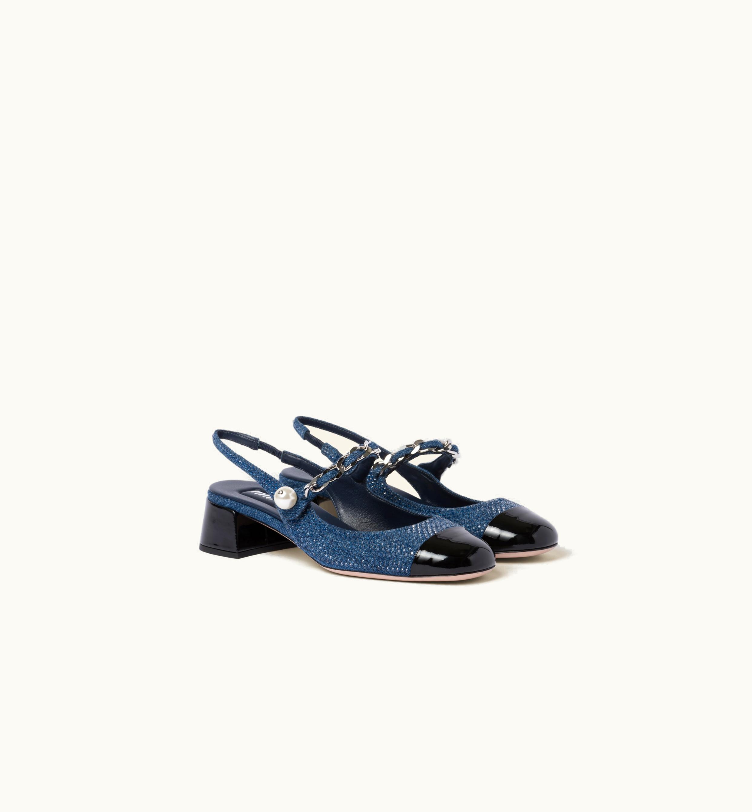 Miu Miu Miu Miu Denim And Patent Leather Slingback Pumps With Artificial Crystals Denim / Black