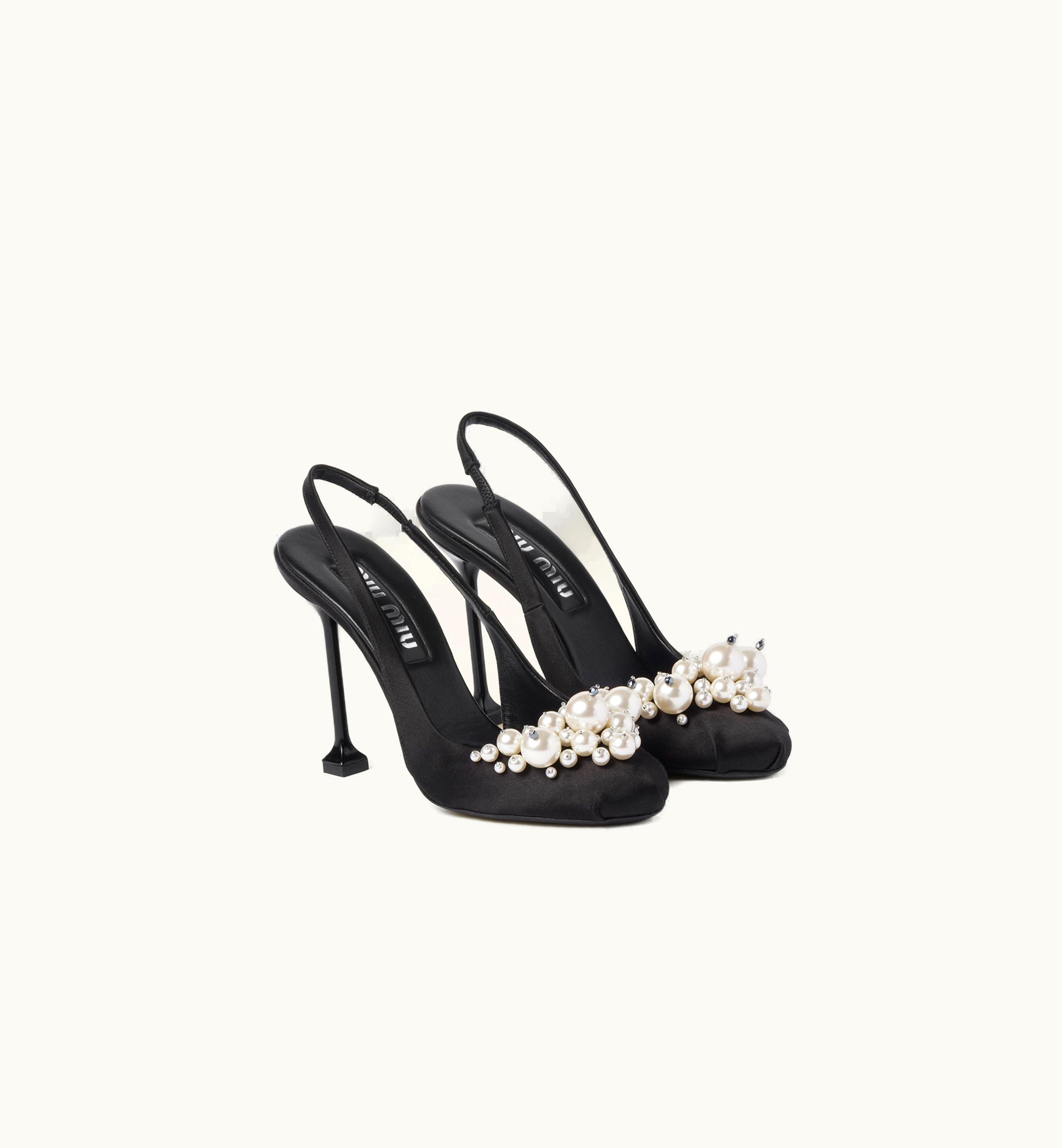 Miu Miu Miu Miu Pearl-Embellished Satin Slingback Pumps Black