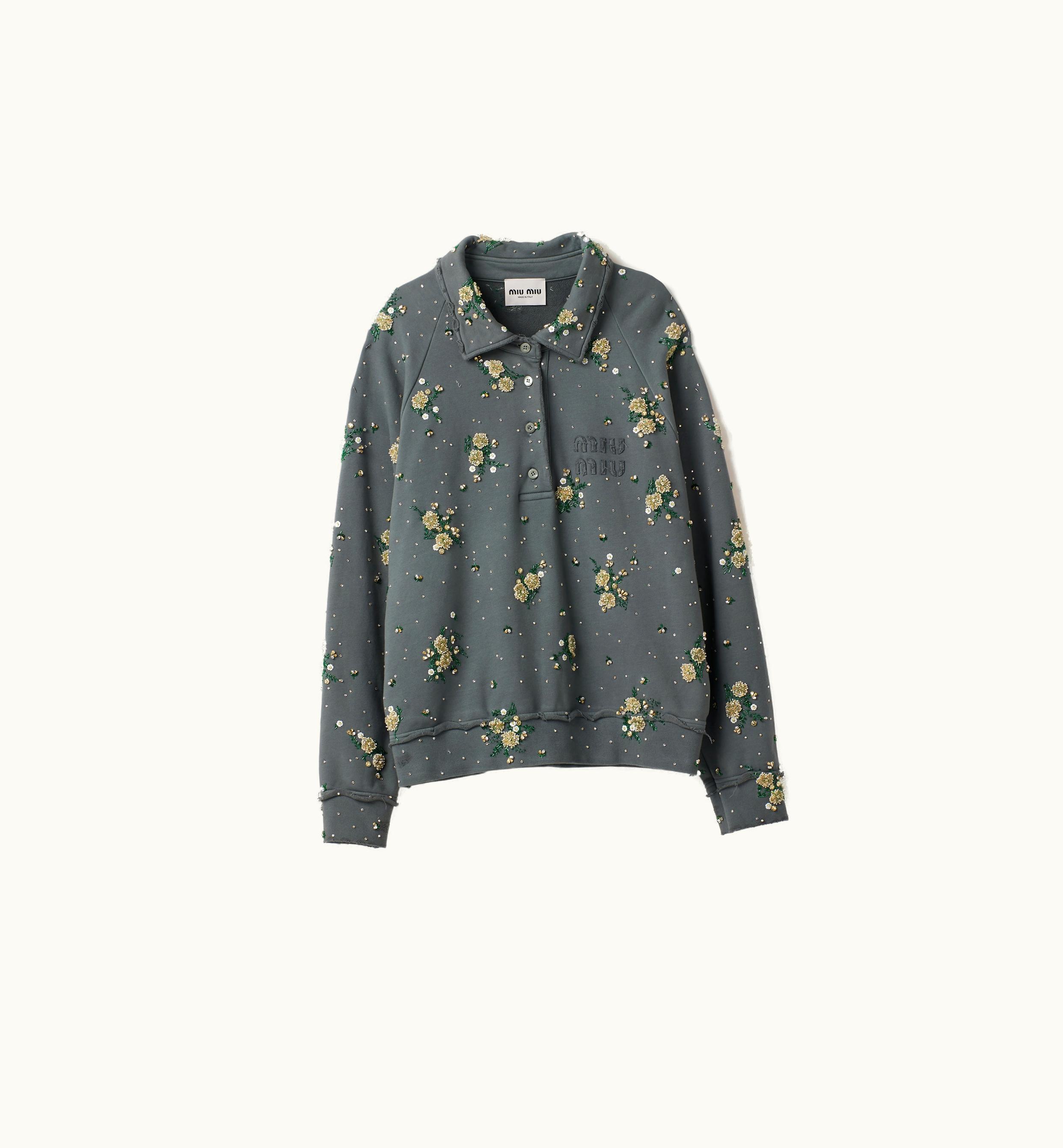 Miu Miu Miu Miu Garment-dyed Cotton Fleece Sweatshirt With Embroidered Logo Iron Gray