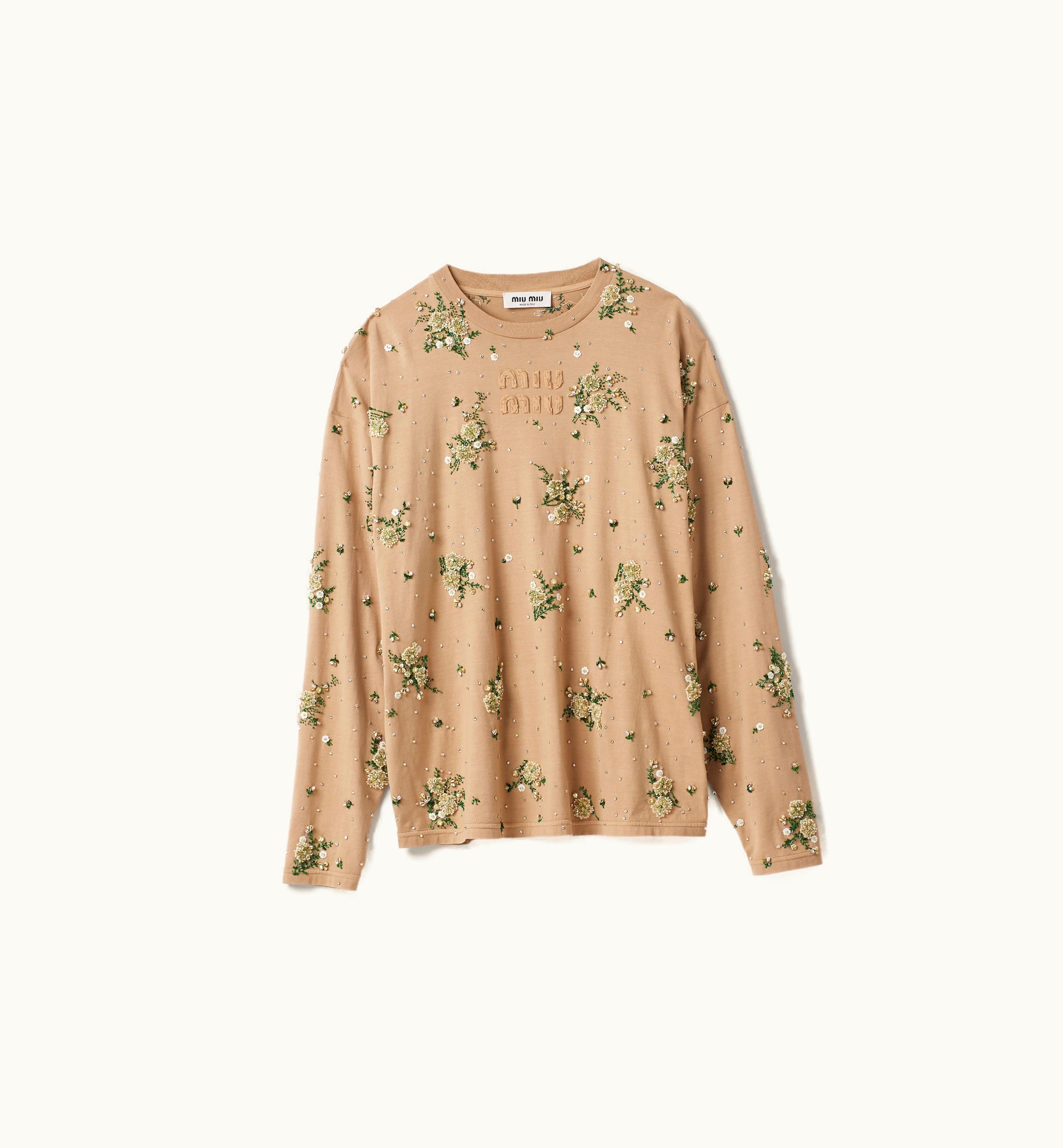 Miu Miu Miu Miu Garment-dyed long-sleeve Jersey T-shirt With Embroidery Cord