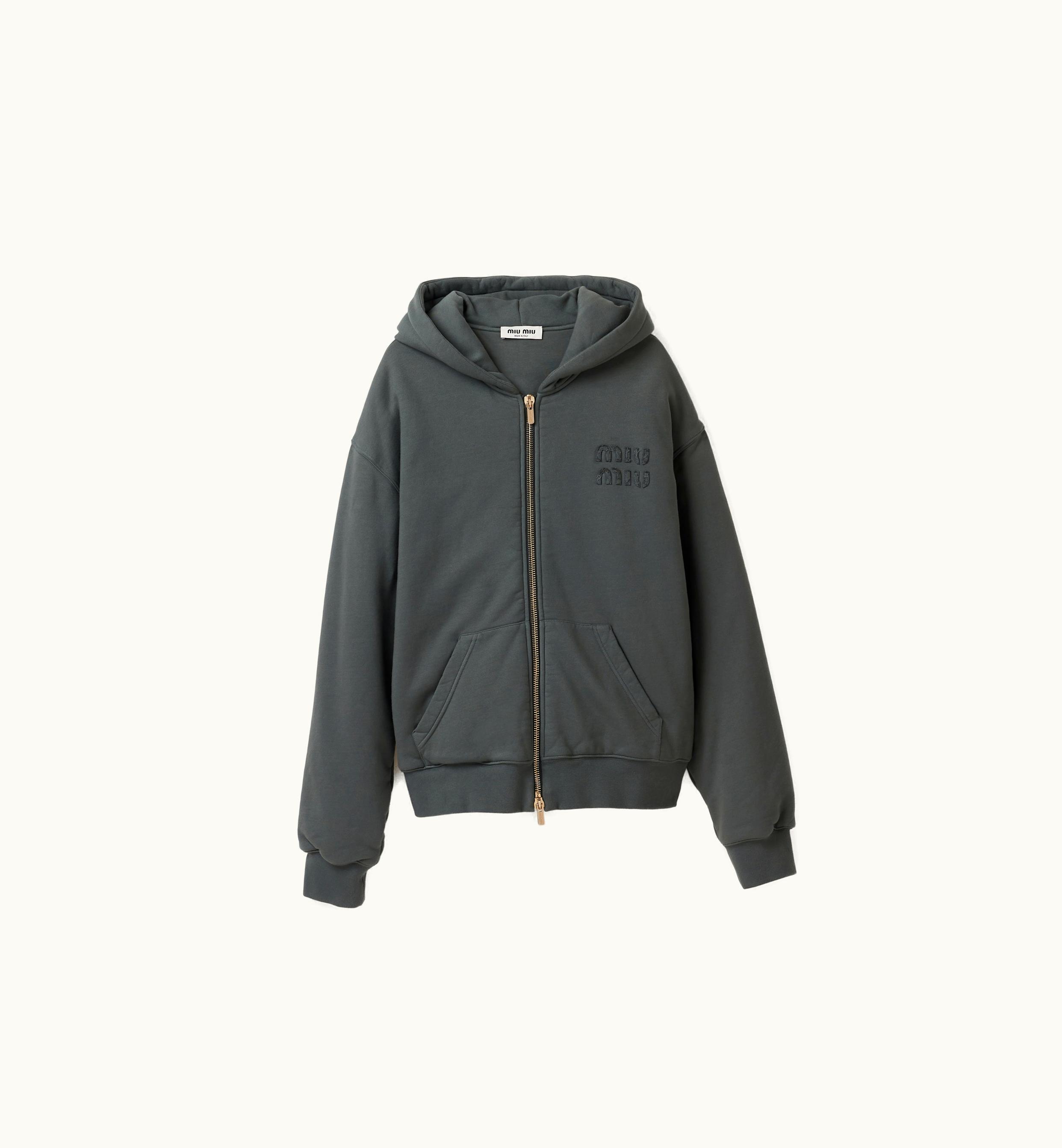 Miu Miu Miu Miu Garment Dyed Cotton Fleece Hoodie Iron Gray