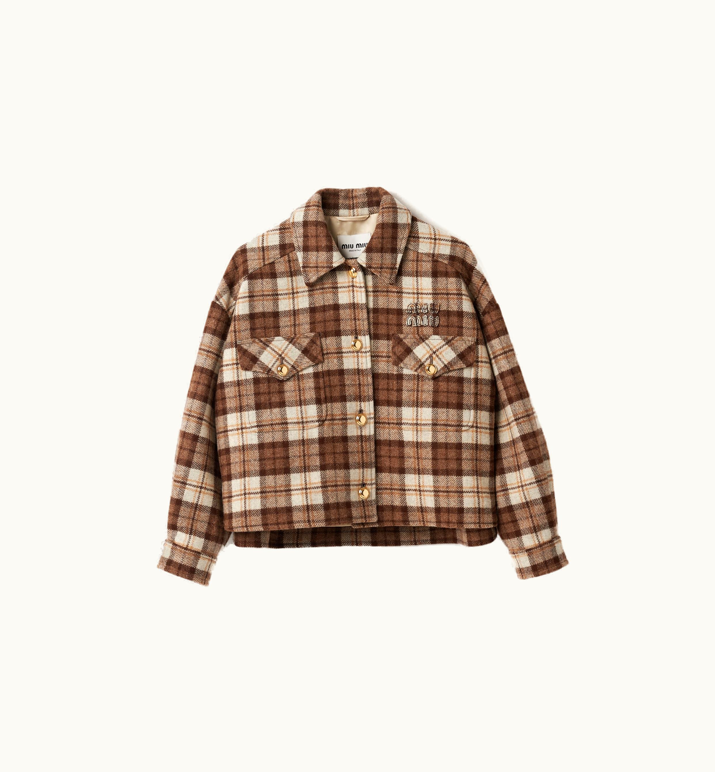 Miu Miu Miu Miu Check Blouson Jacket Cocoa Brown Luxe Gold Embroidered Logo.