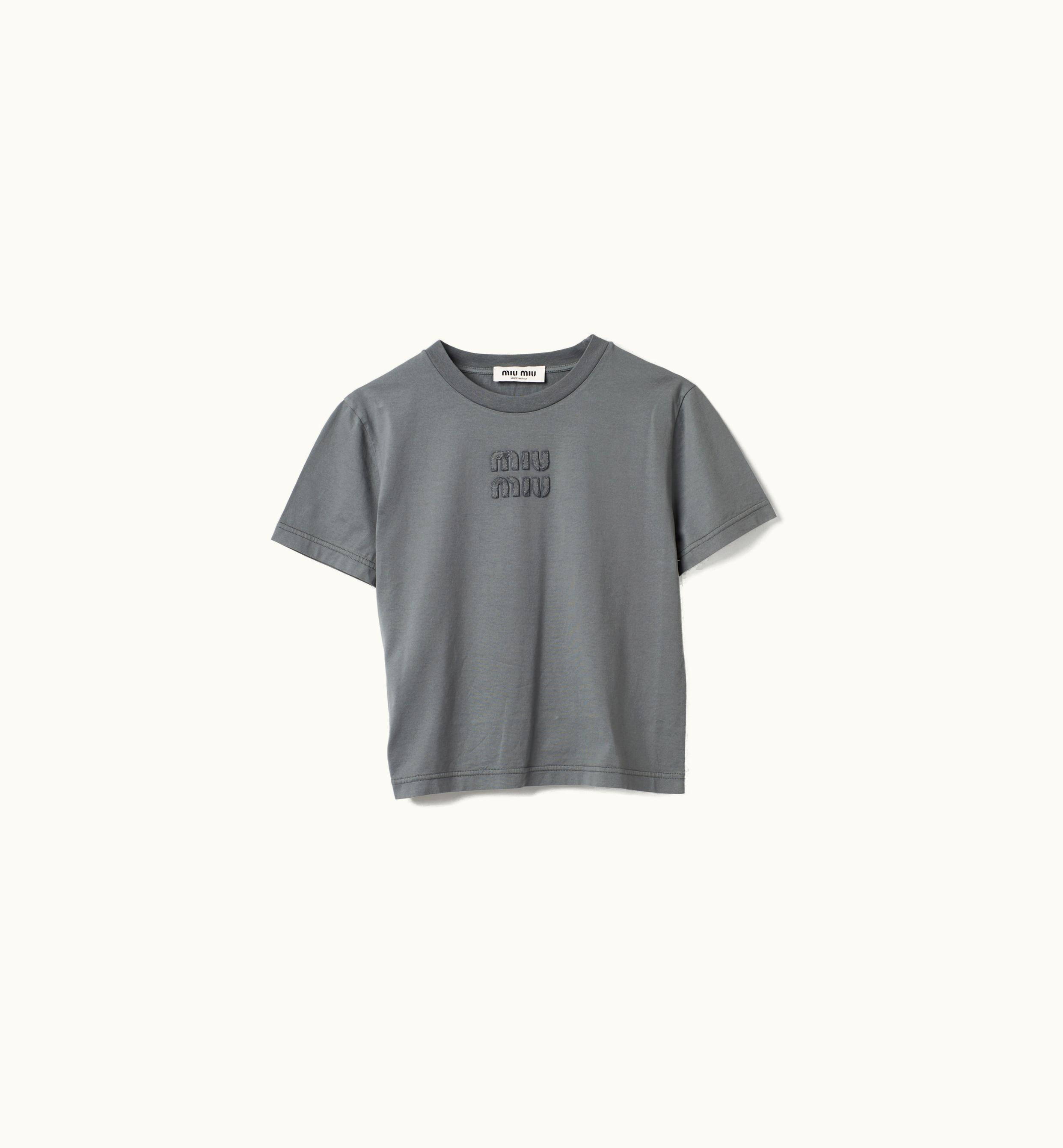 Miu Miu Miu Miu Garment-dyed Jersey T-shirt With Embroidered Logo Iron Gray