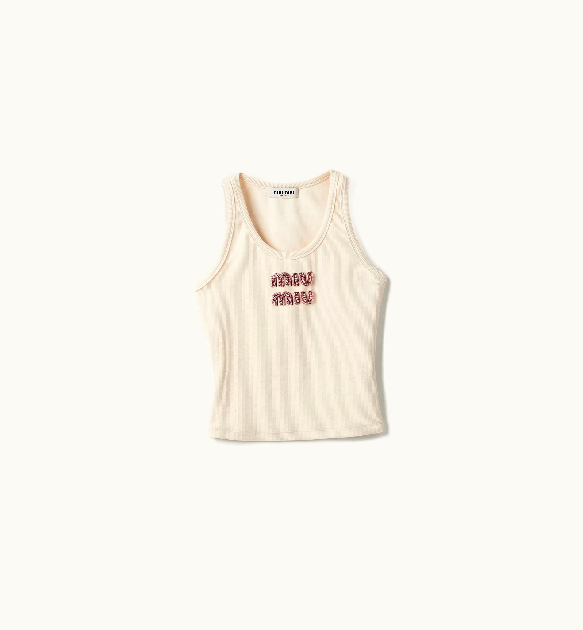 Miu Miu Miu Miu Ribbed Jersey Top Tan / Pink