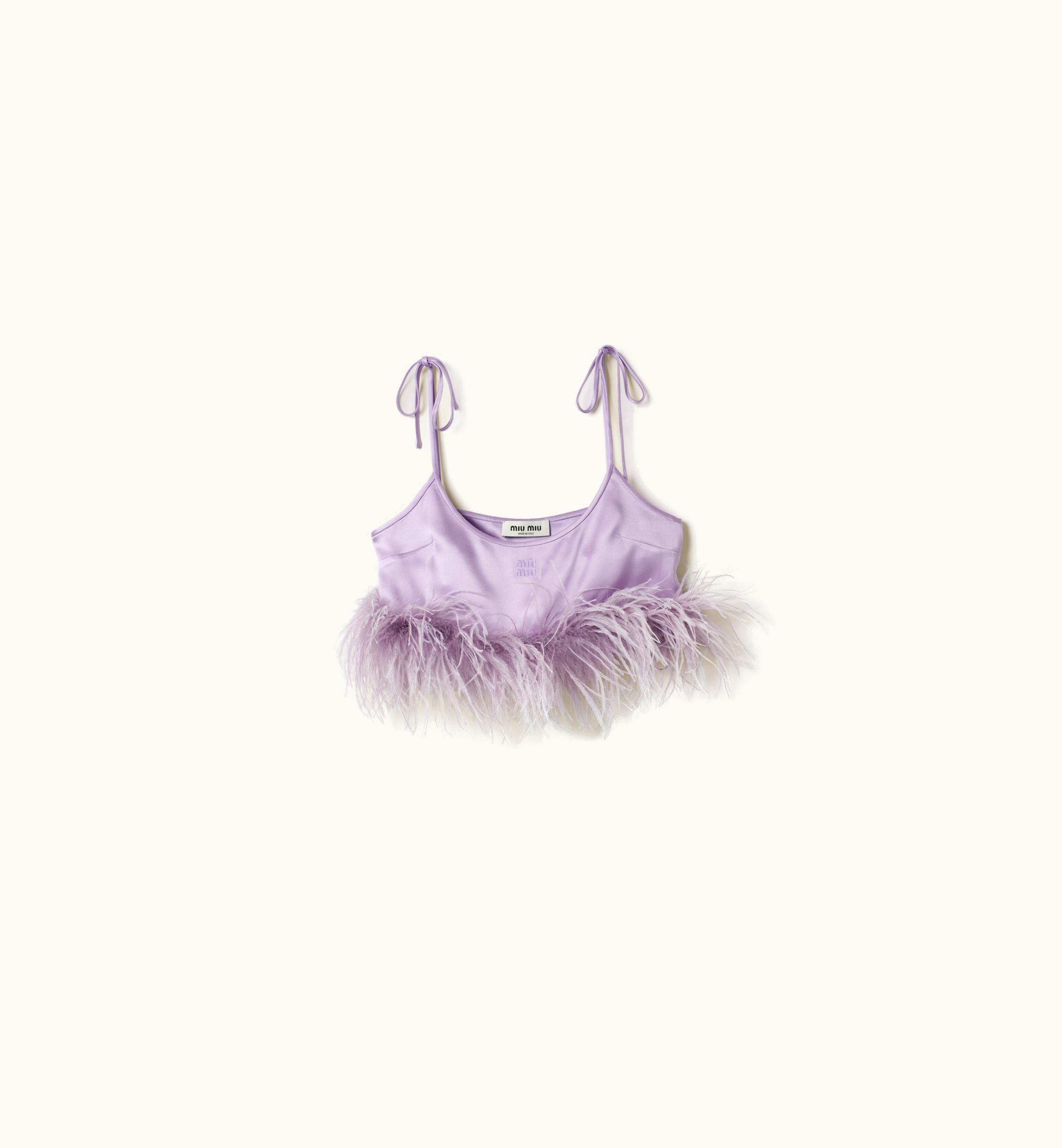Miu Miu Miu Miu Feather-trimmed Satin Top Lilac