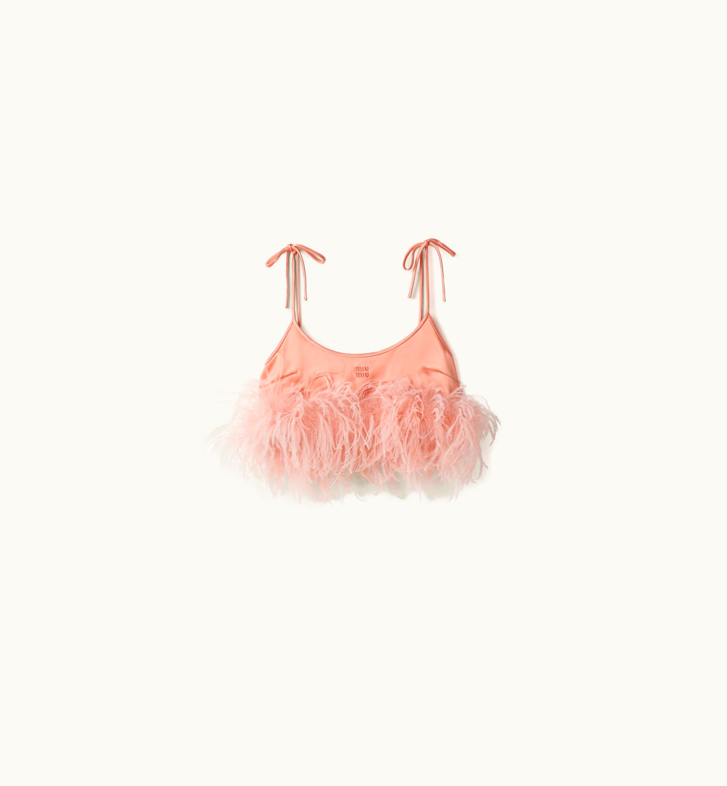 Miu Miu Miu Miu Feather-trimmed Satin Top Coral