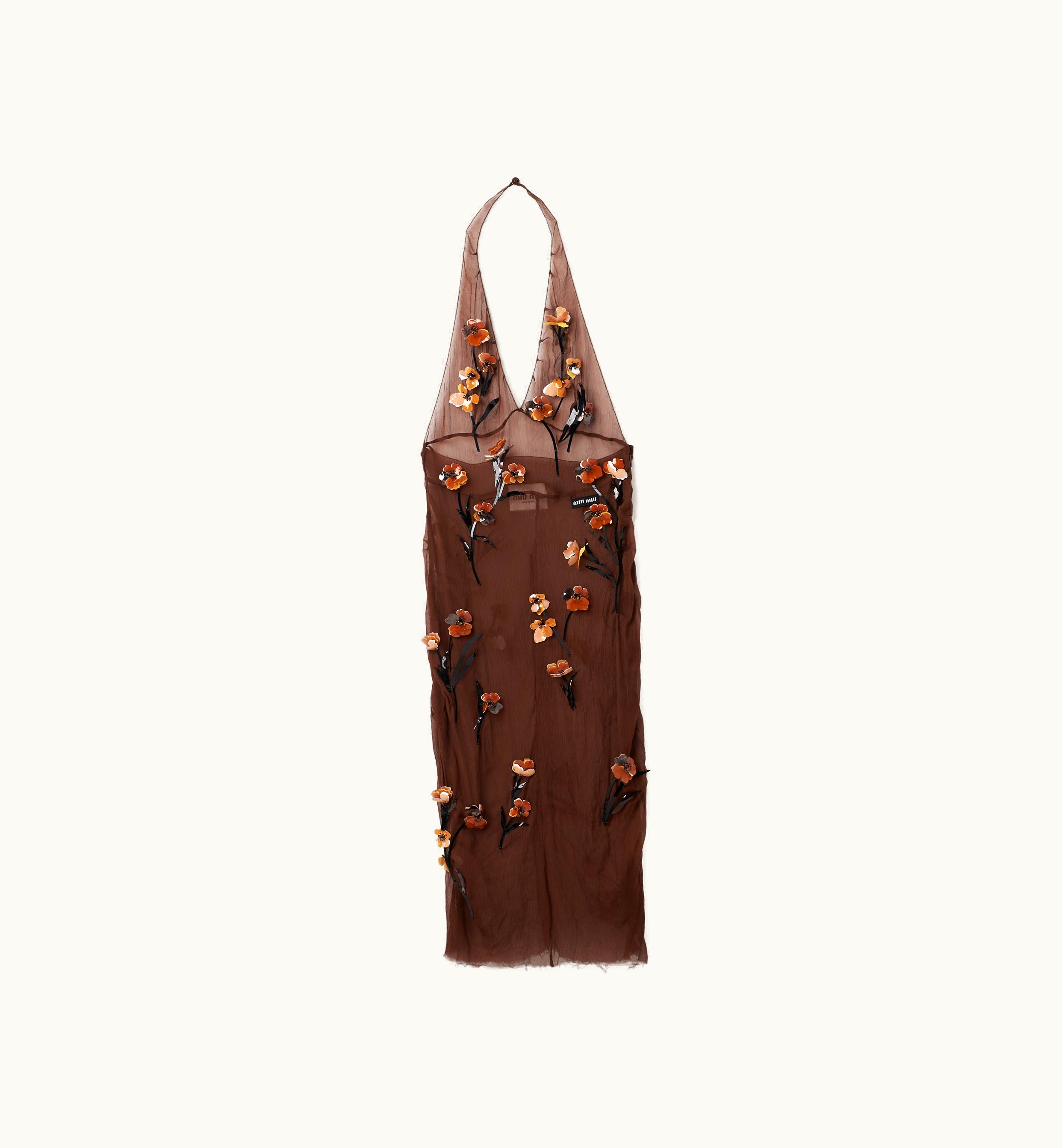 Miu Miu Miu Miu Chiffon Dress With Floral Embroidery Cocoa Brown