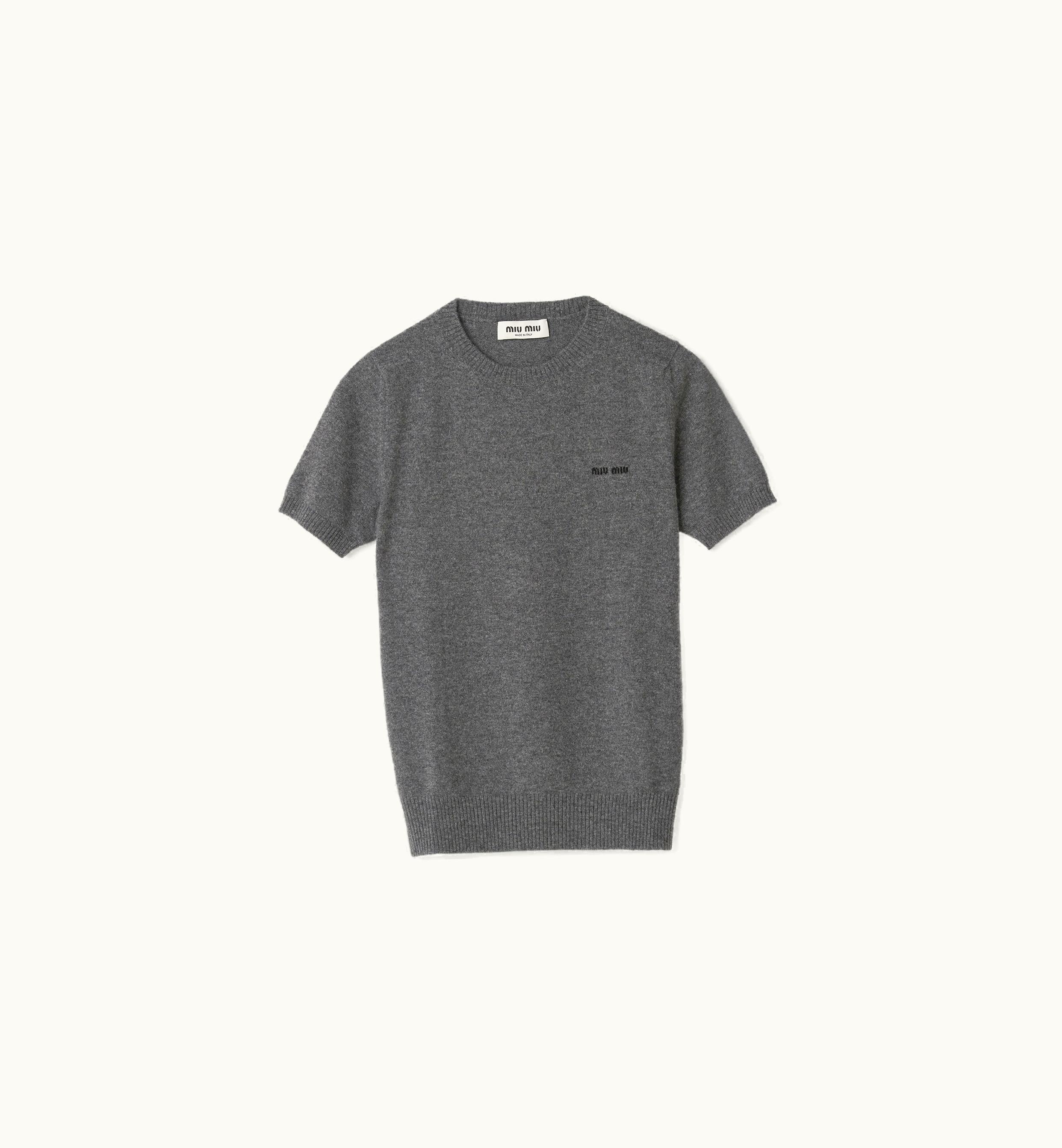 Miu Miu Miu Miu Intarsia Logo Cashmere Sweater Short Sleeve Slate Gray