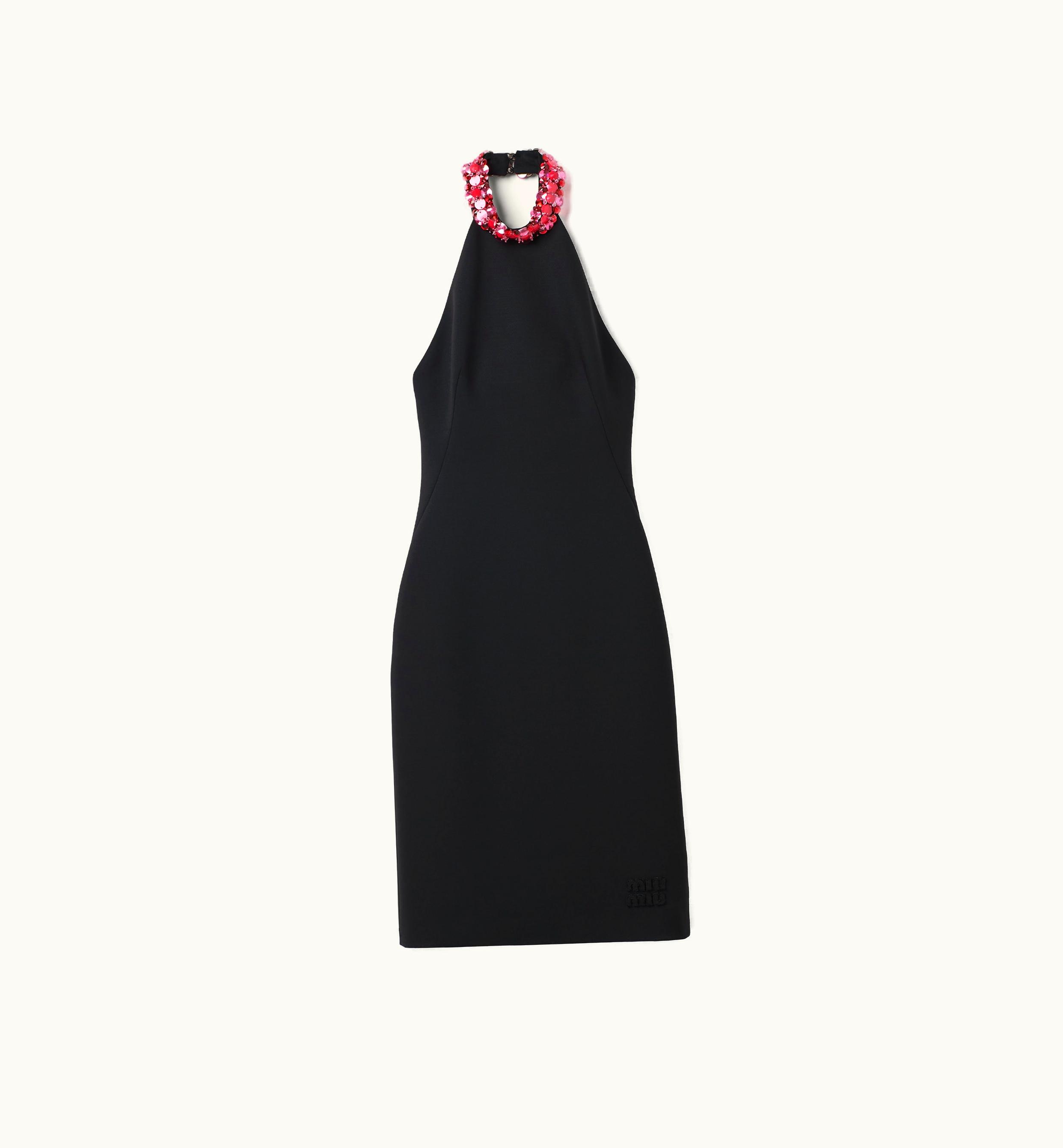 Miu Miu Miu Miu Embroidered Grain De Poudre Dress Black with Halter Neck Jeweled Detail