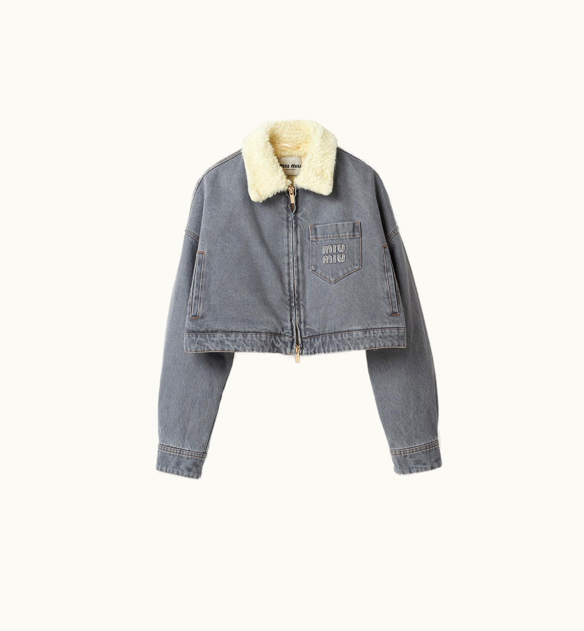 Miu Miu Miu Miu Embroidered Denim Blouson Jacket Grey