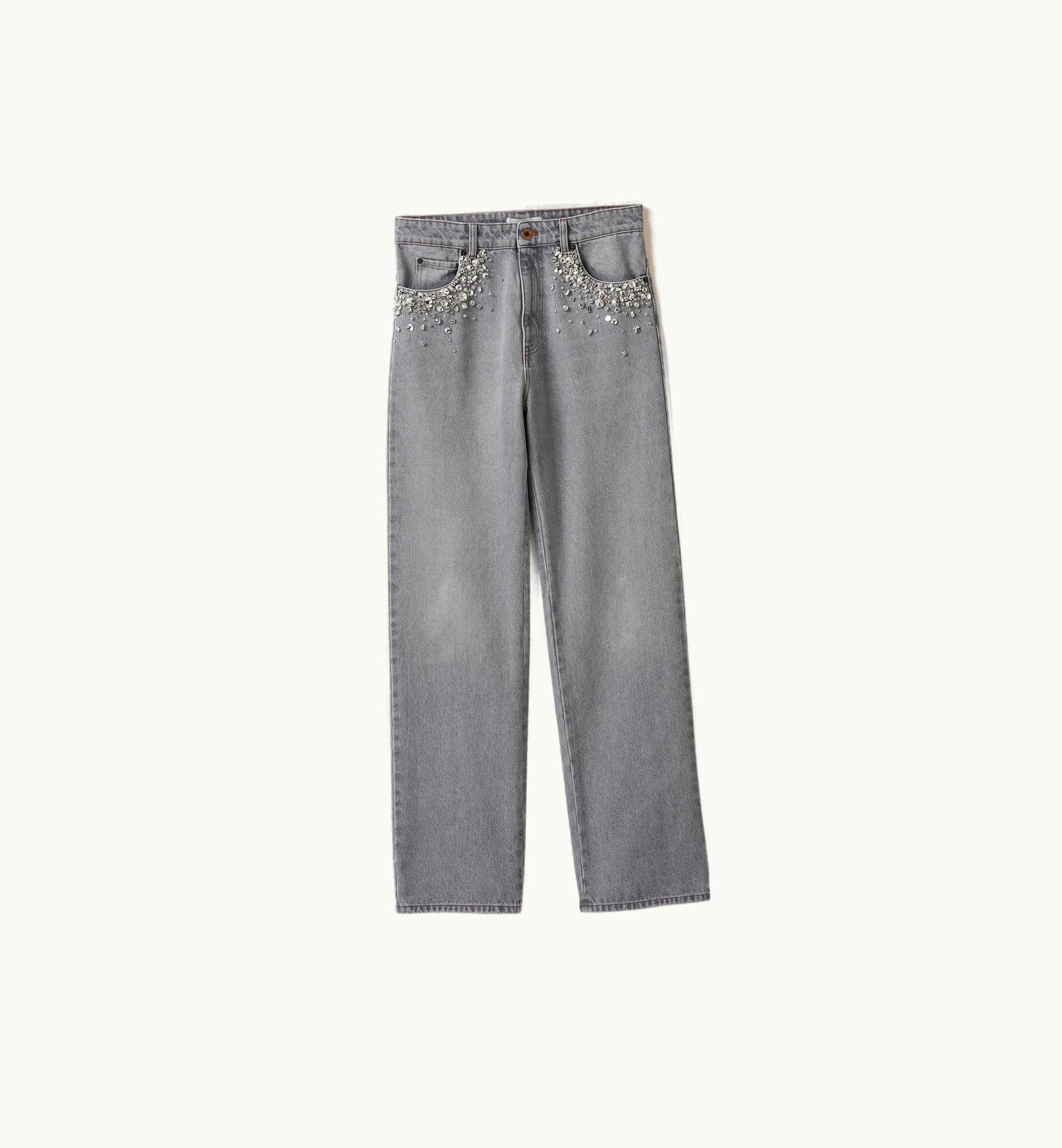 Miu Miu Miu Miu Logo Embroidered Washed Denim Pants Grey