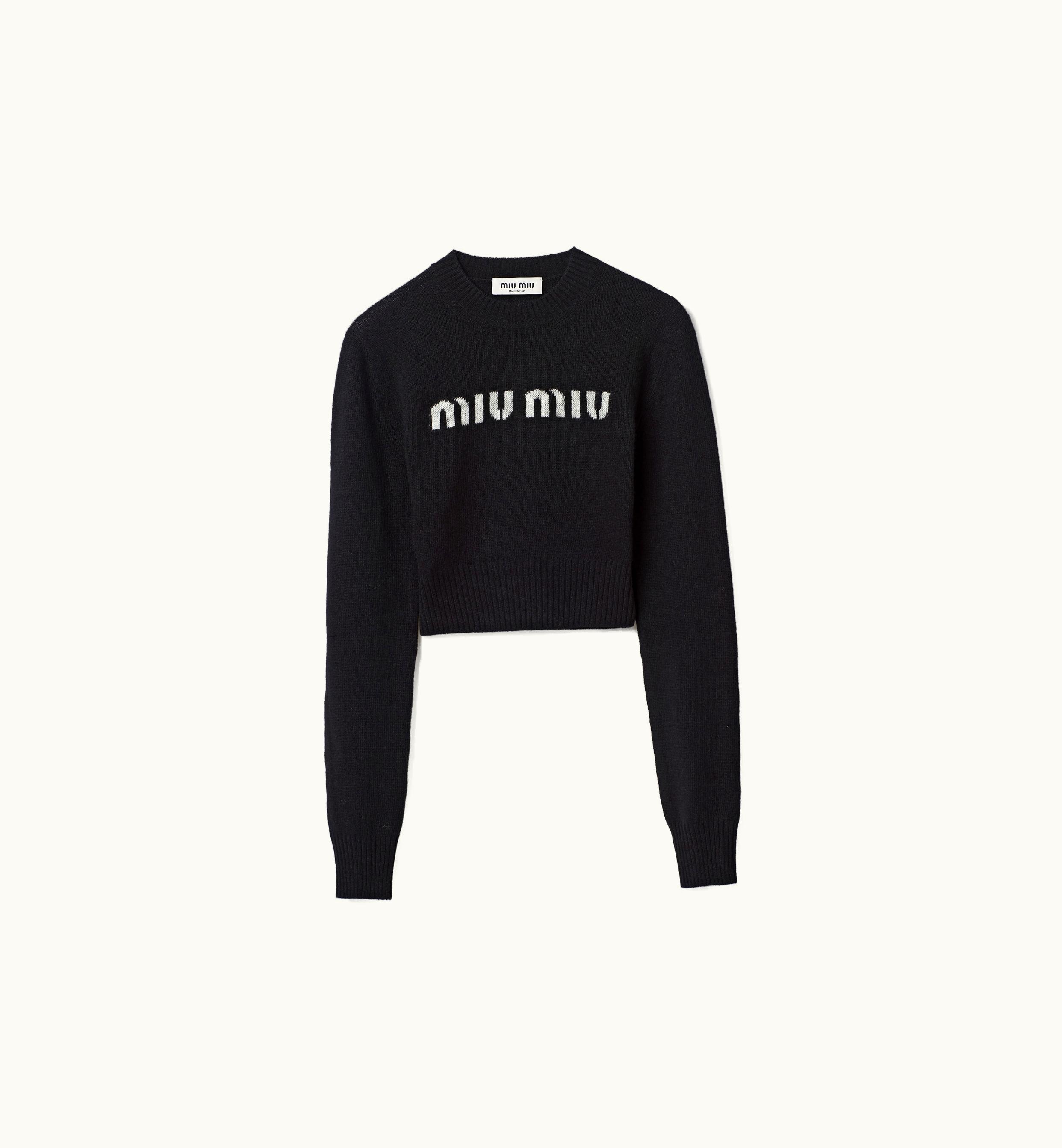 Miu Miu Miu Miu Cropped Intarsia Logo Wool And Cashmere Sweater Black