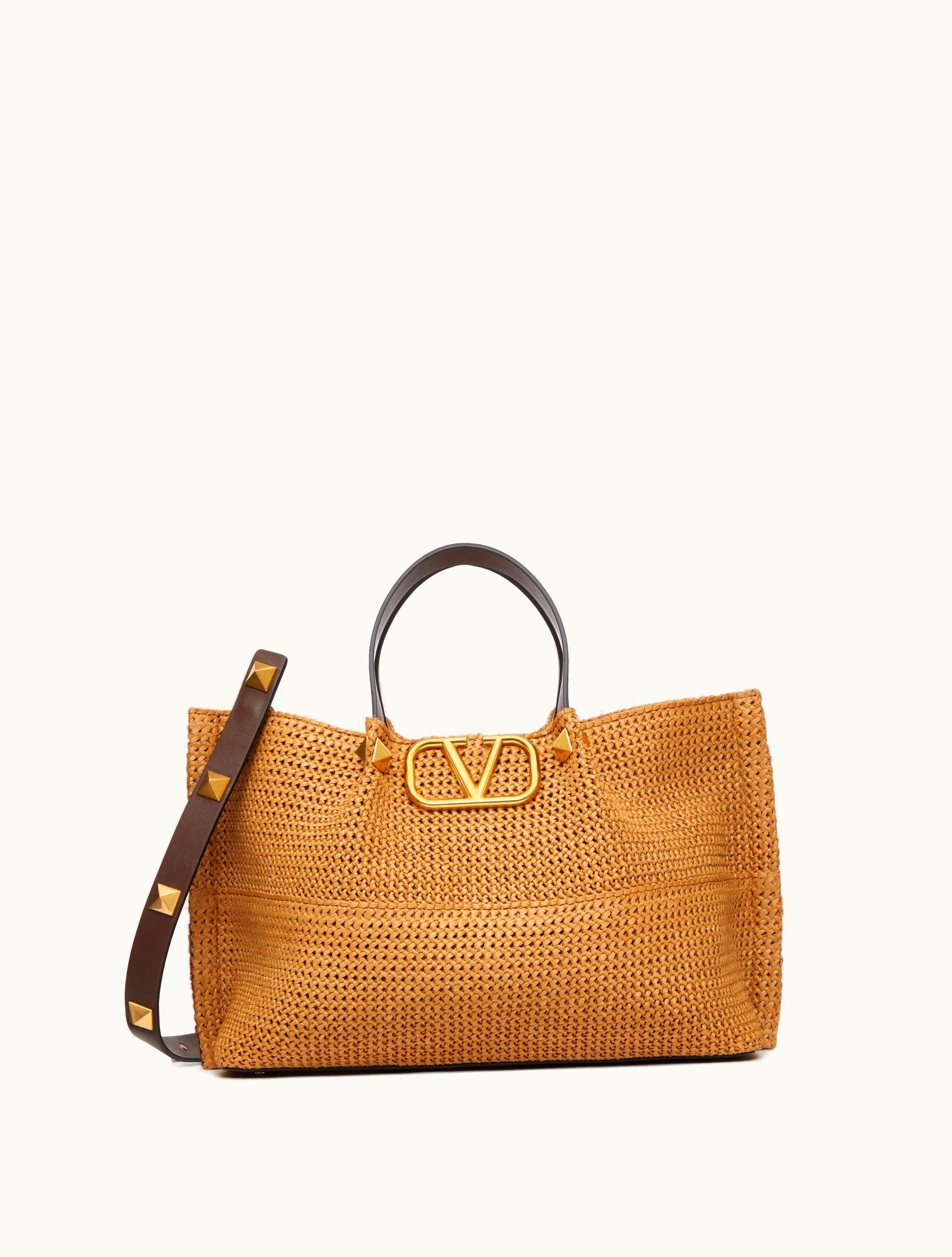 Valentino Valentino Medium Shopping Bag In Synthetic Raffia For Woman In Biscuit / Chocolate