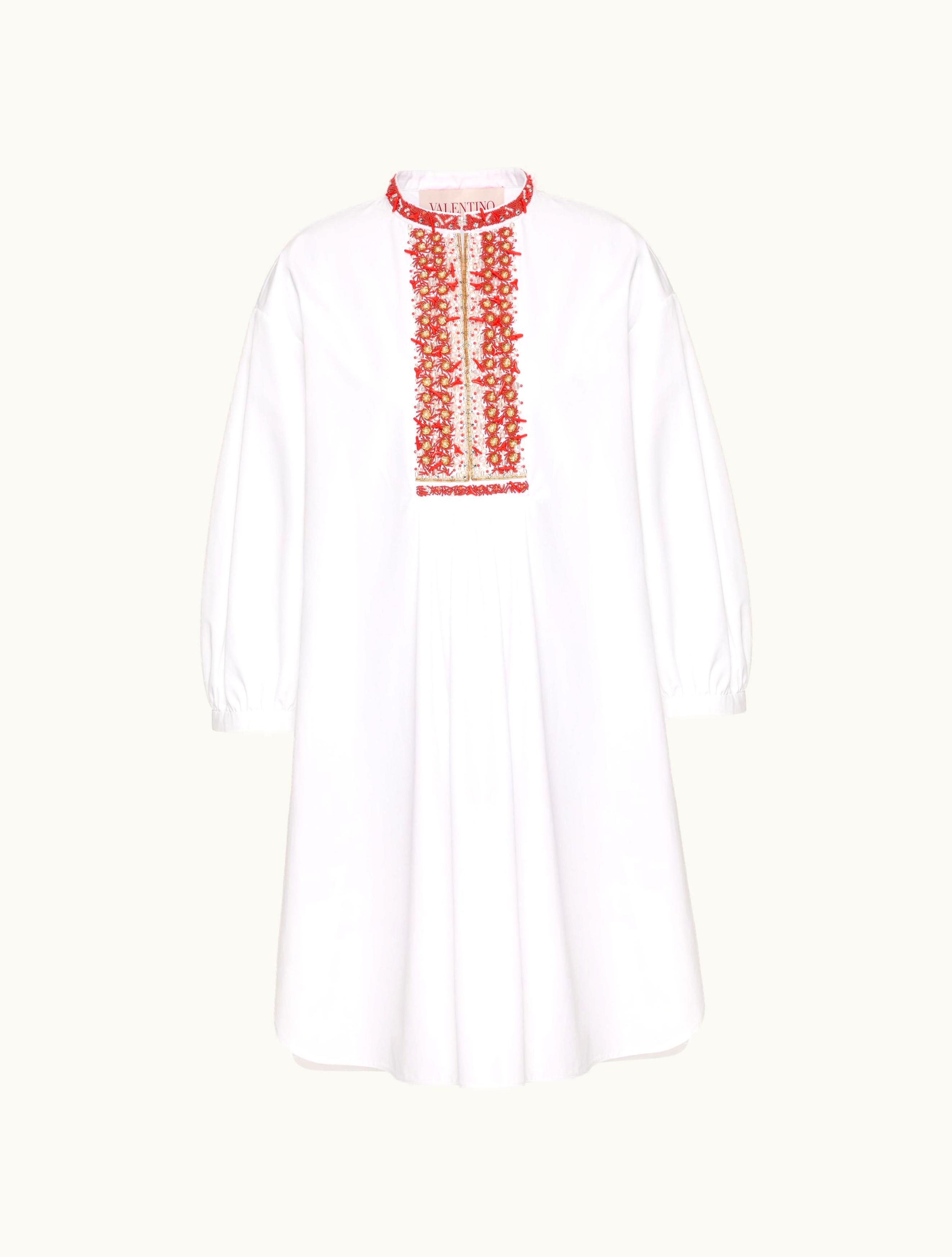 Valentino Valentino Embroidered Compact Popeline Short Dress For Woman In White / Coral