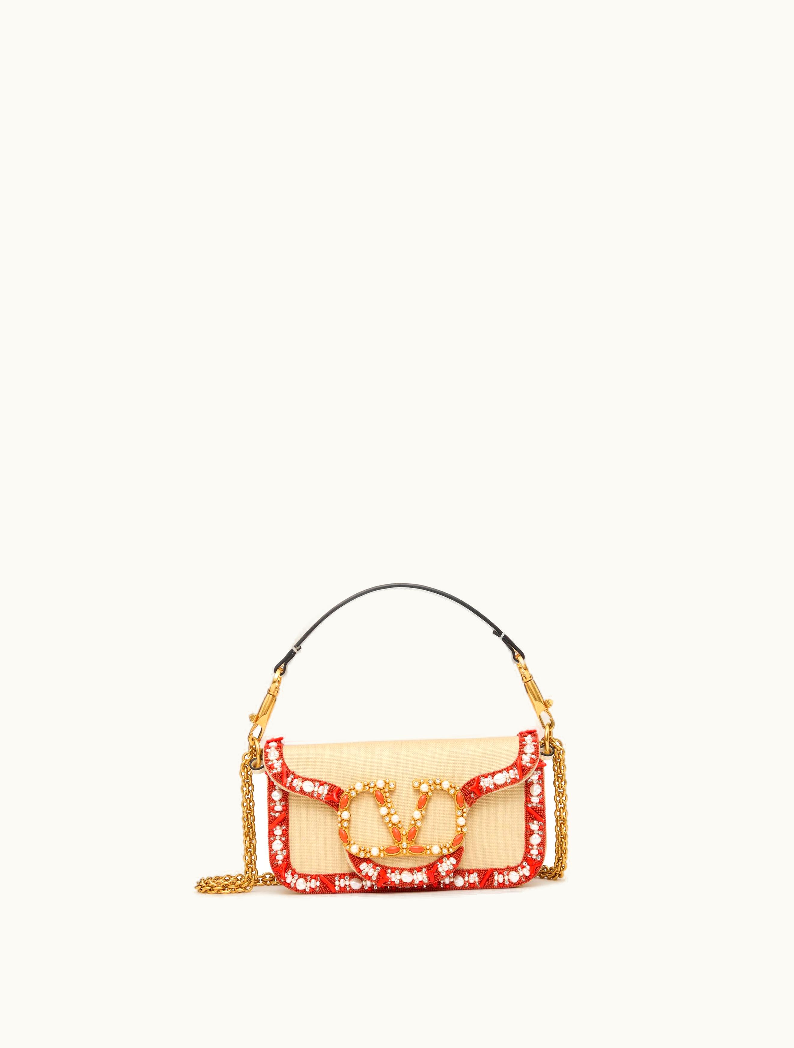 Valentino Valentino Small Locò Raffia Shoulder Bag With Embroidered Trim For Woman In Natural / Coral