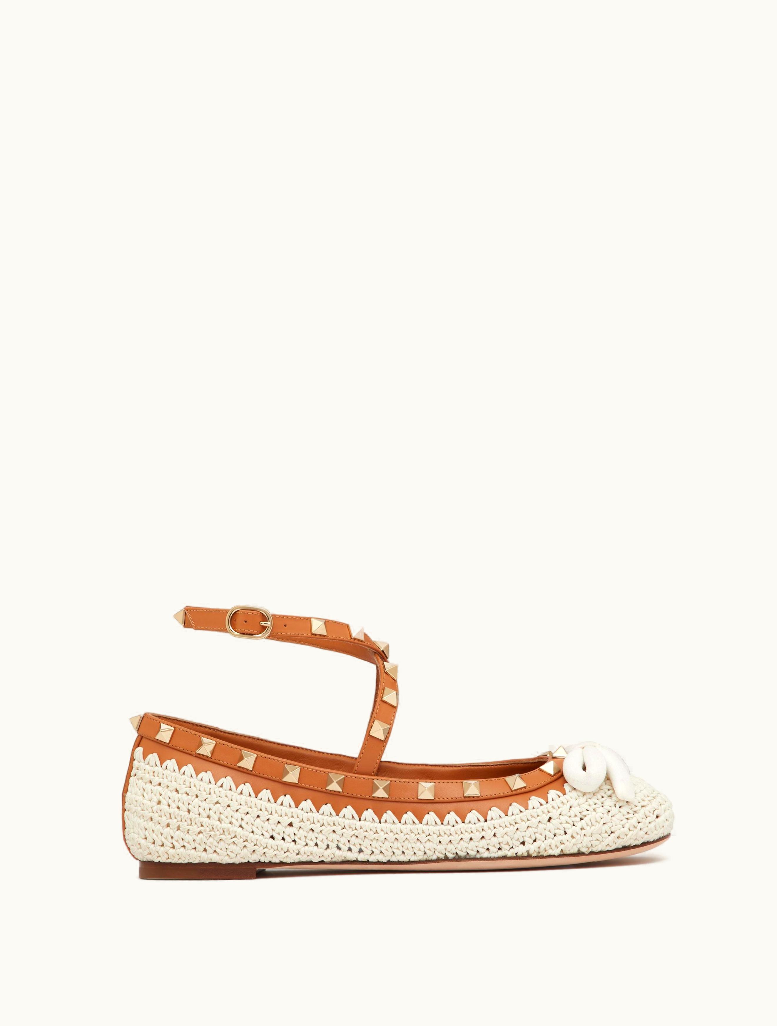 Valentino Valentino Rockstud Ballerina With Crochet Embroidery For Woman In Natural / Almond