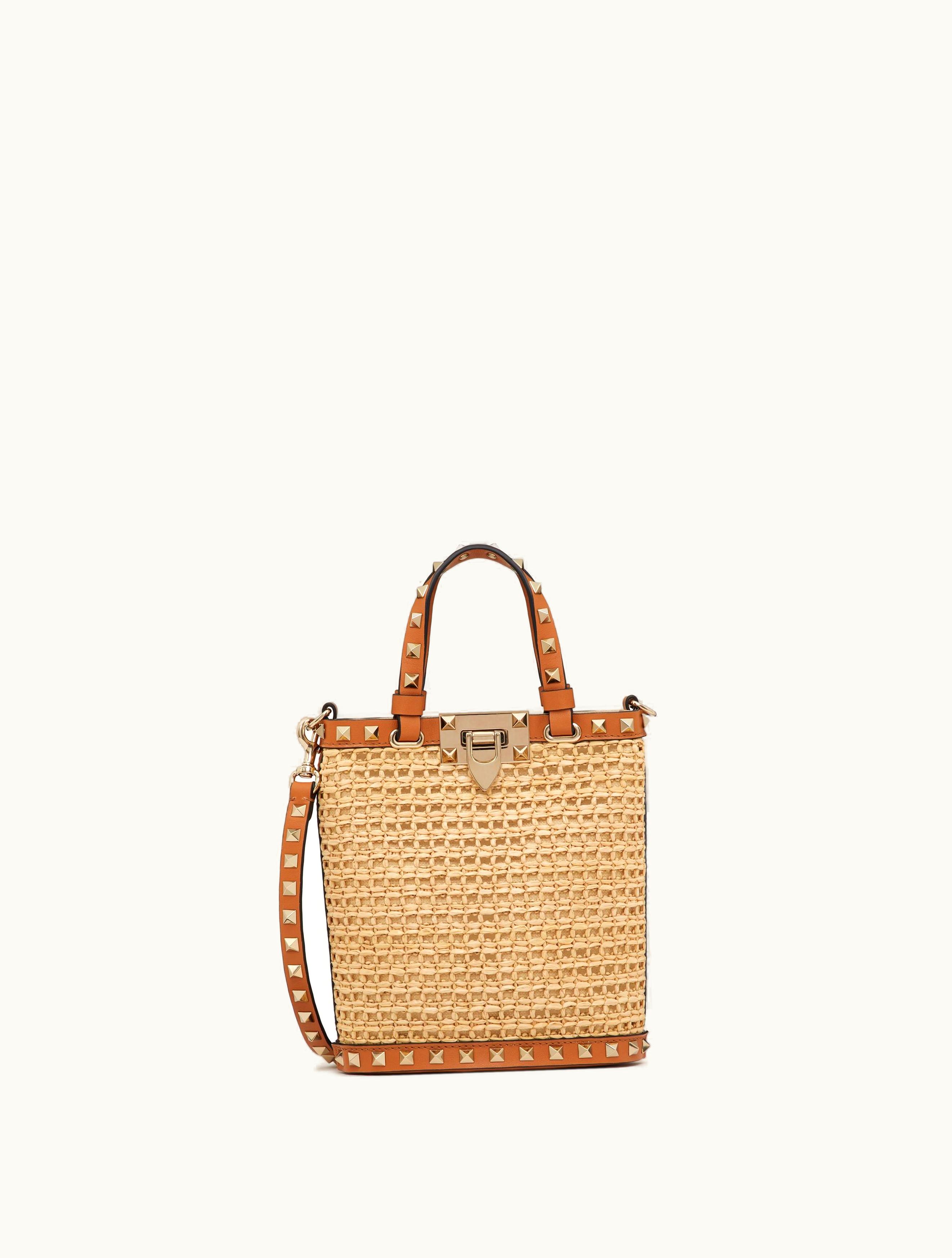 Valentino Valentino Mini Rockstud Raffia Shoulder Bag For Woman In Natural / Almond