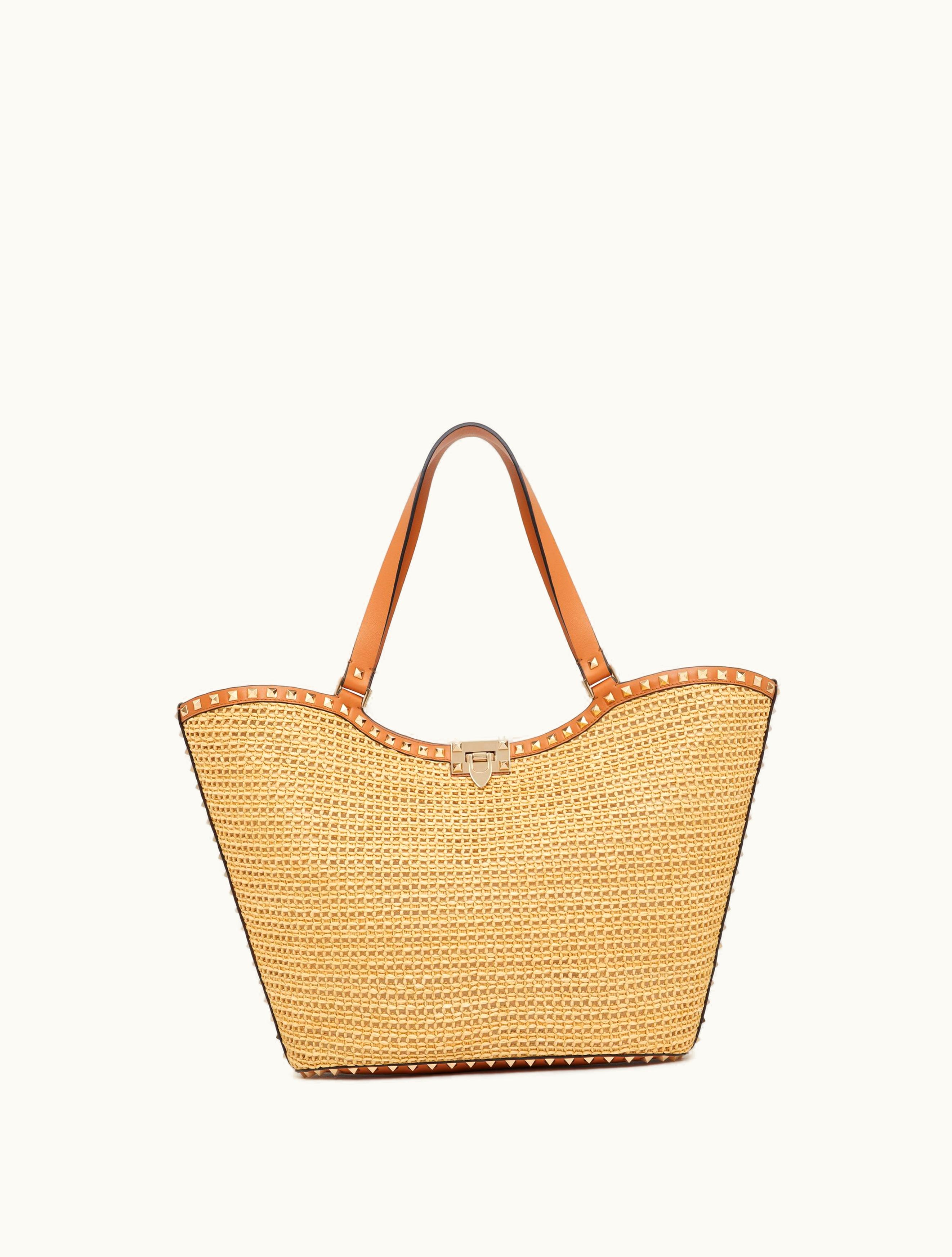Valentino Valentino Rockstud Woven Raffia Shopping Bag For Woman In Natural / Almond