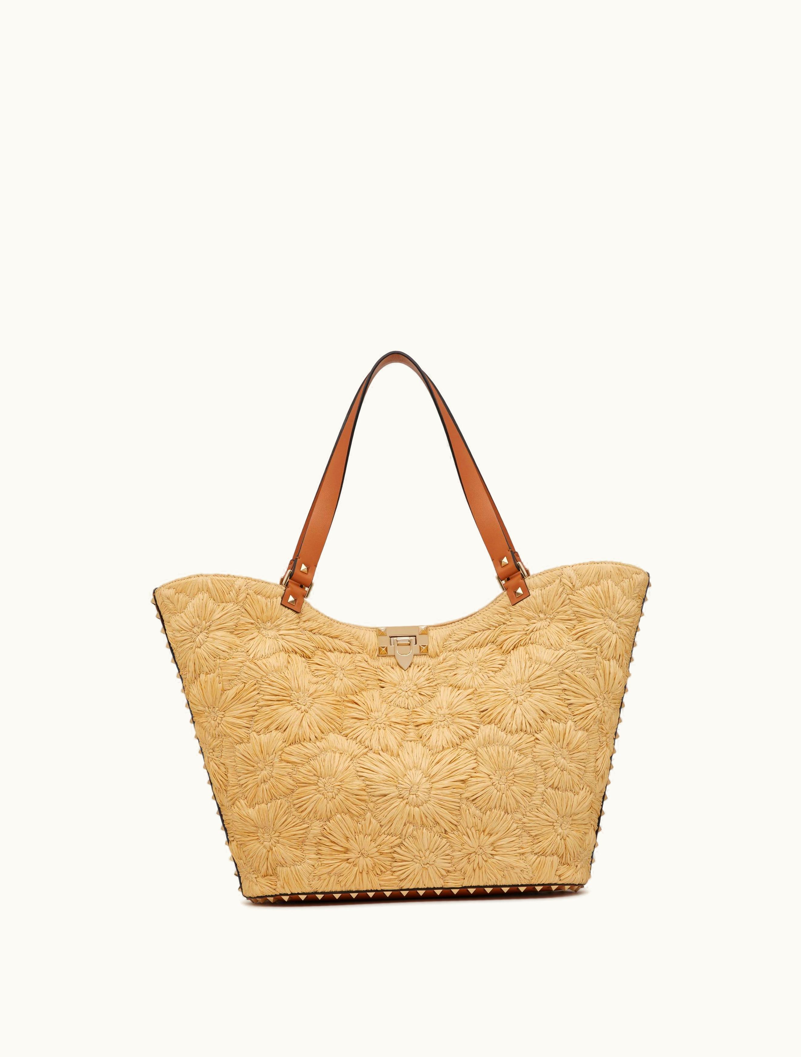 Valentino Valentino Rockstud Woven Raffia Shopping Bag For Woman In Natural / Almond NATURAL/ALMOND