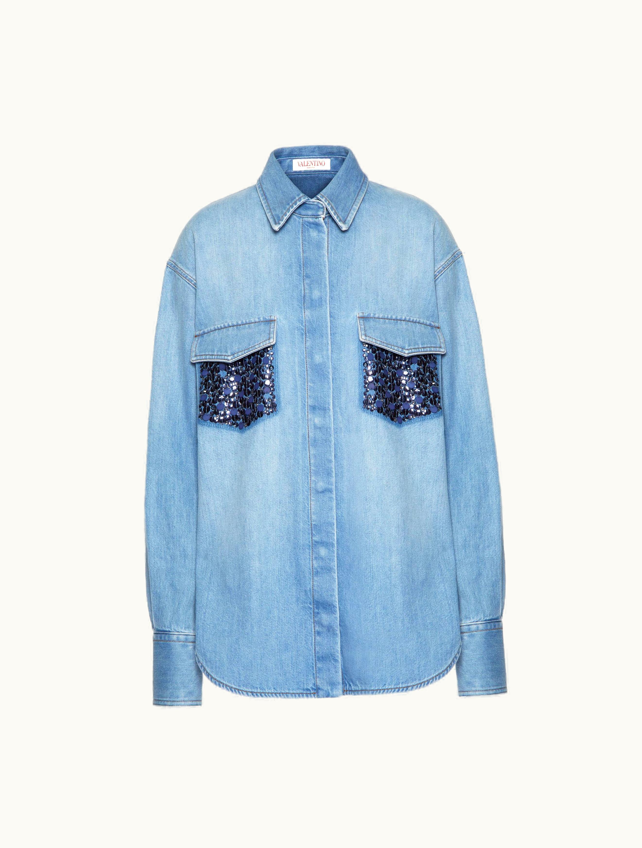 Valentino Valentino Embroidered Denim Shirt For Woman In Denim