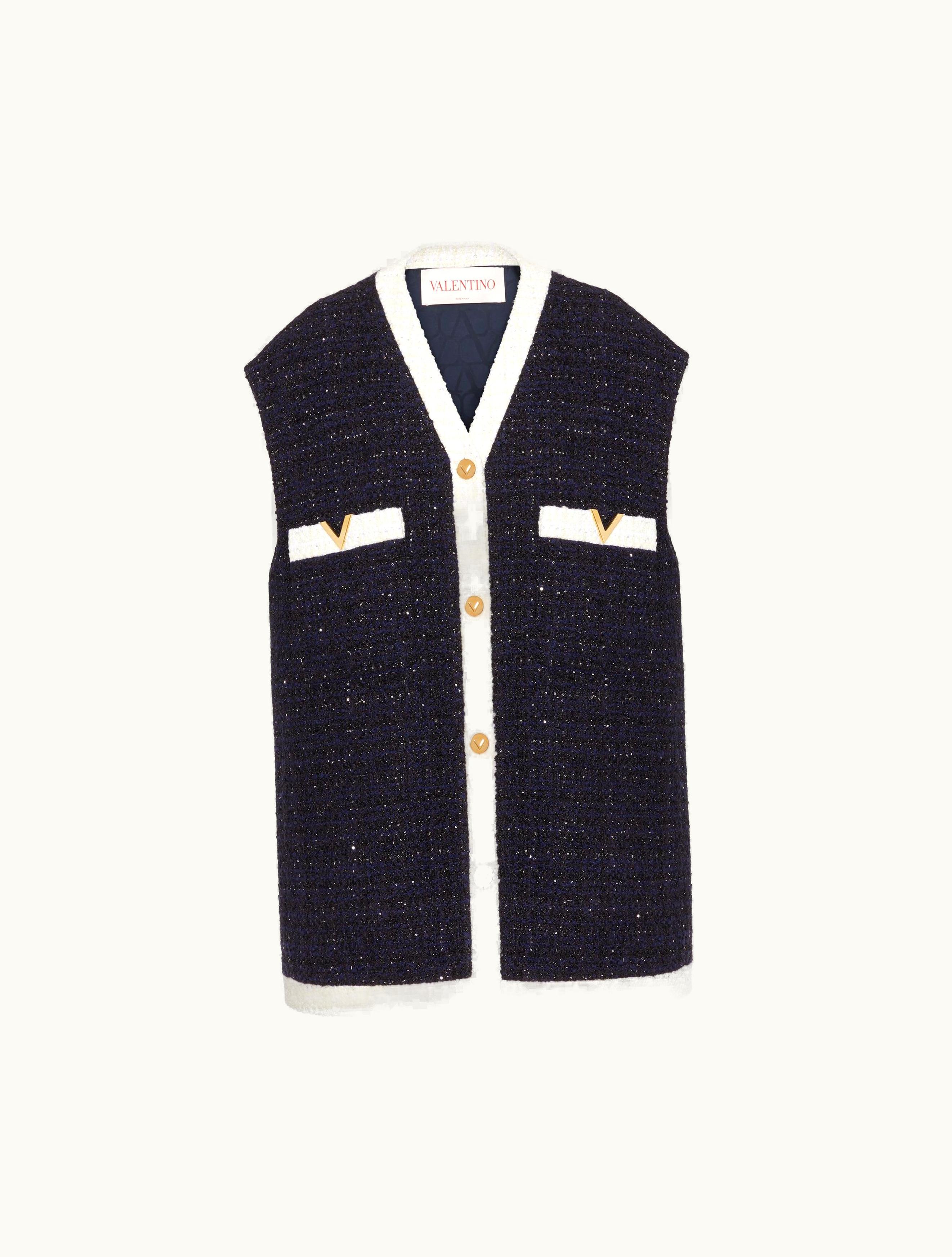 Valentino Valentino Glaze Tweed Gilet For Woman In Navy / Ivory