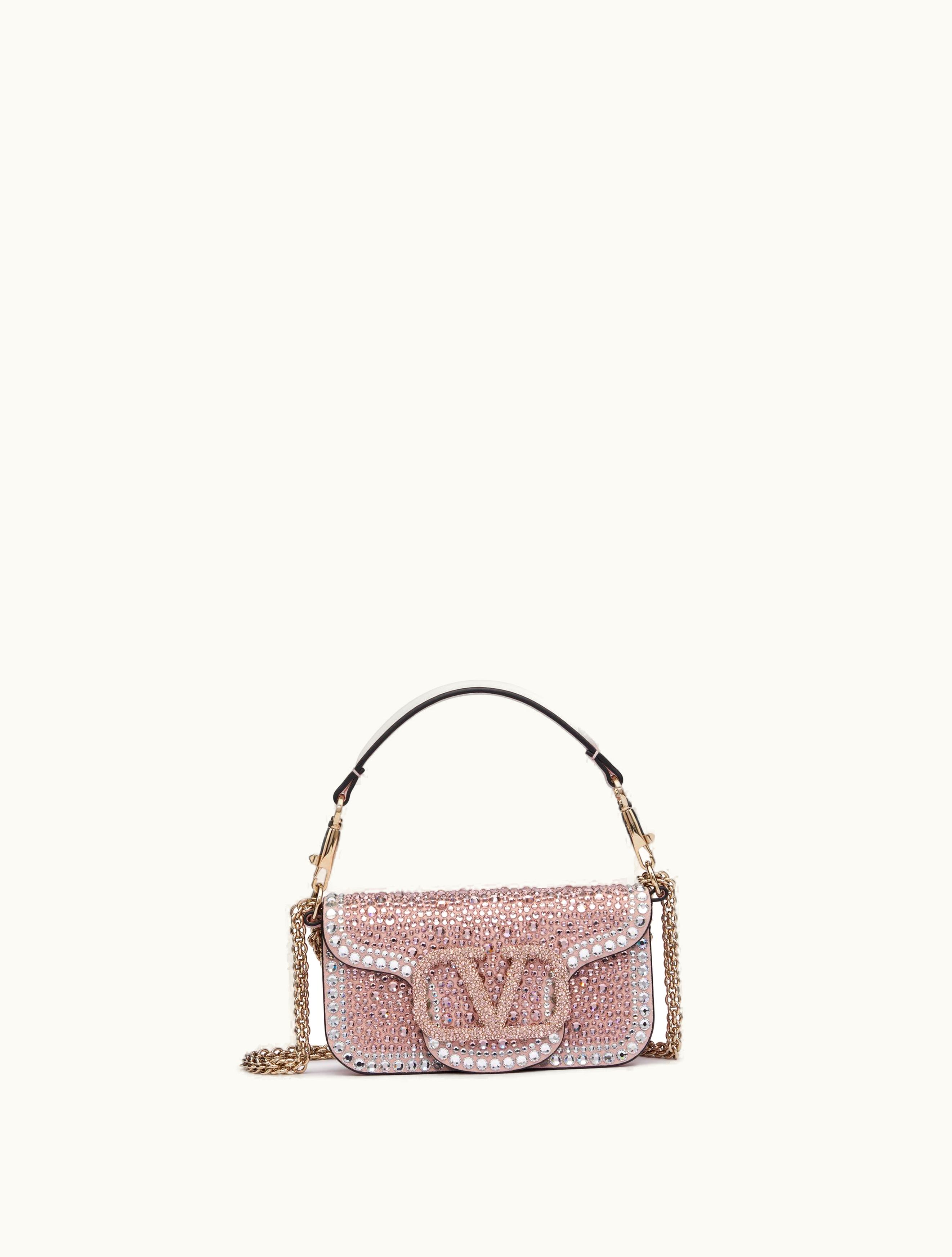 Valentino Valentino Small Locò Shoulder Bag With Rhinestones For Woman In Crystal / Rose Quartz / Platinum