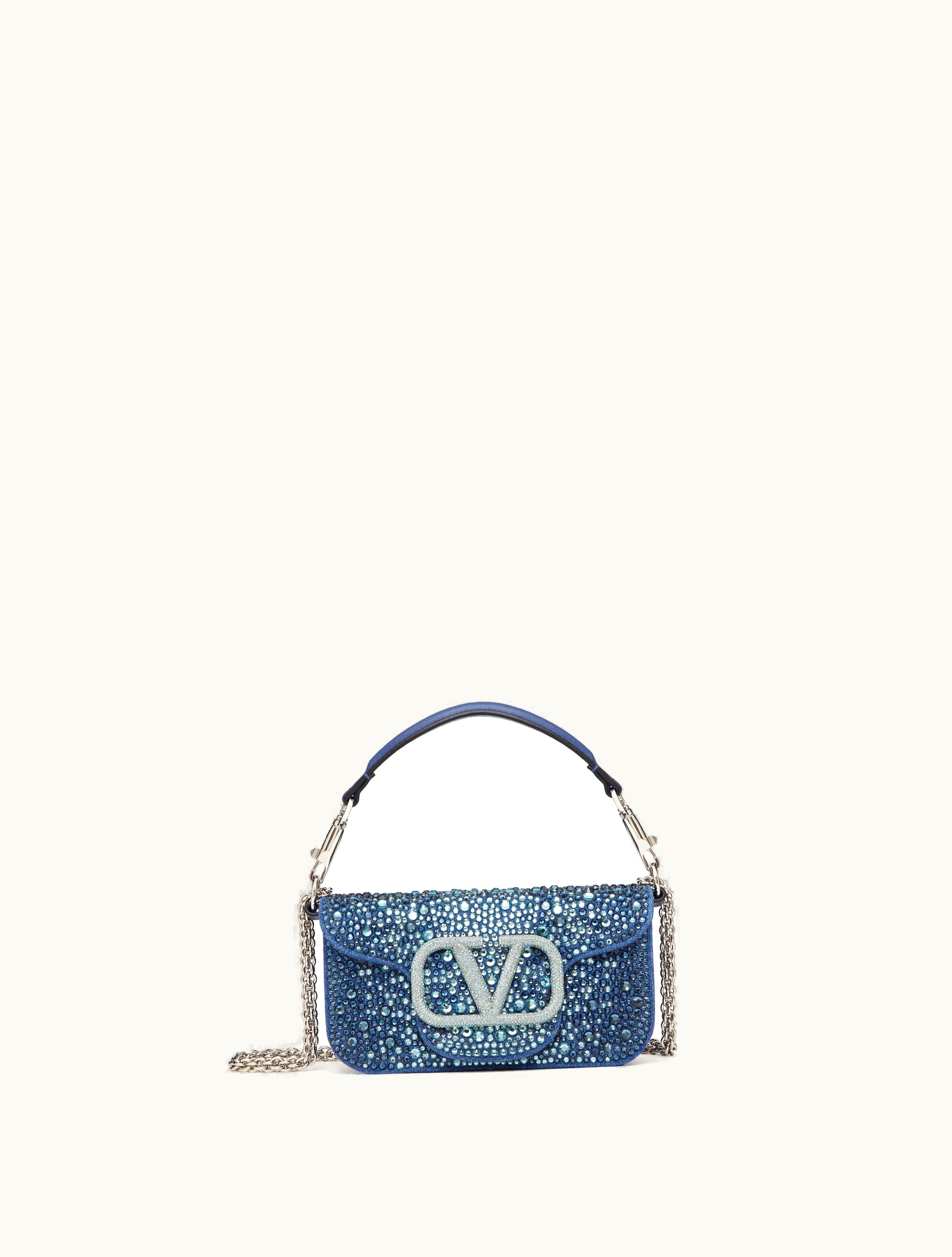 Valentino Valentino Small Locò Denim Shoulder Bag With Rhinestones For Woman In Blue